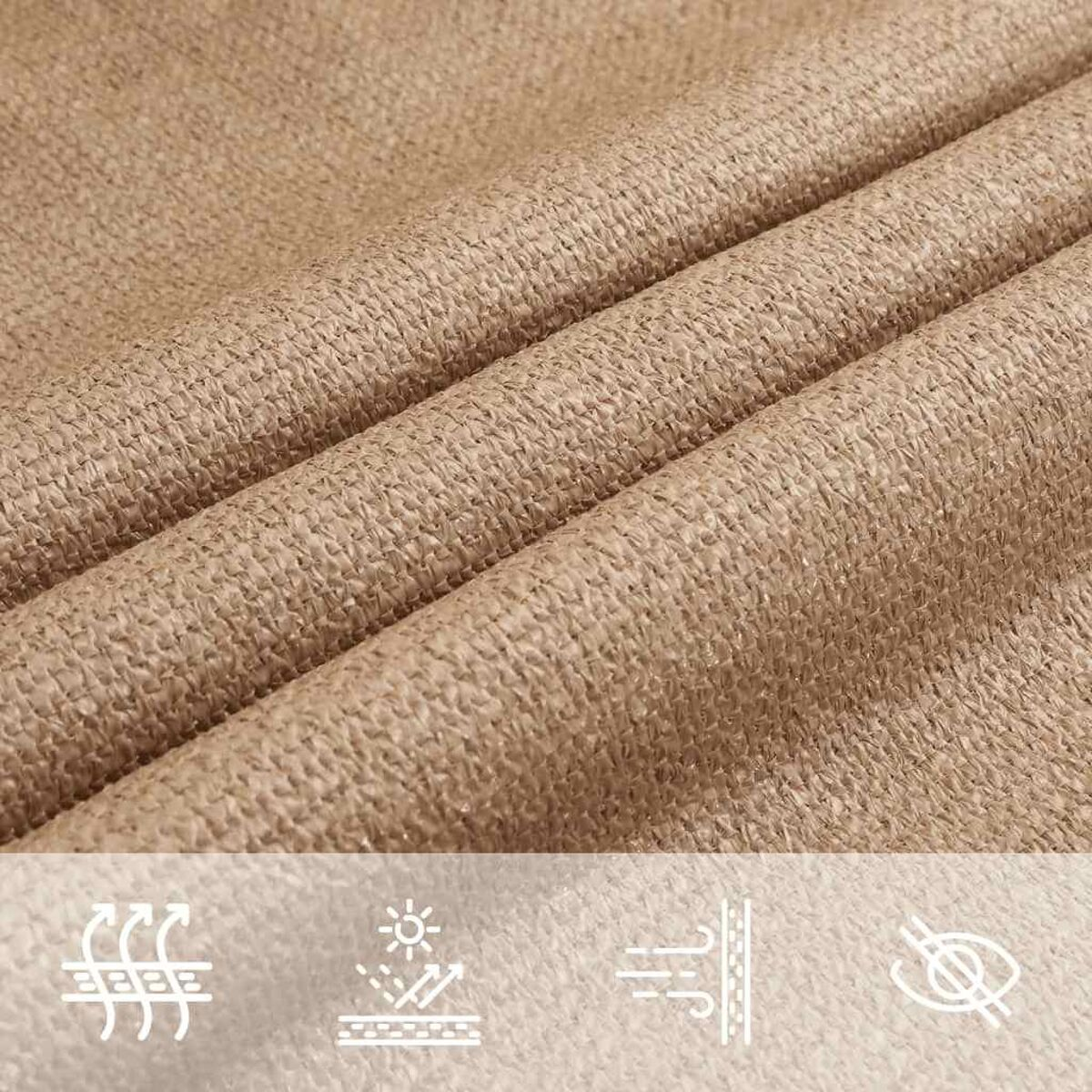 Tessuto beige strutturato con tre icone: aria, sole e occhio. Primo piano.
