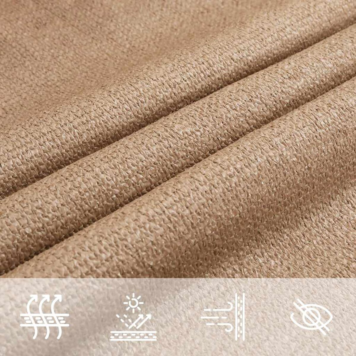 Tessuto beige con trama strutturata. Mostra i dettagli ravvicinati del materiale e le icone.
