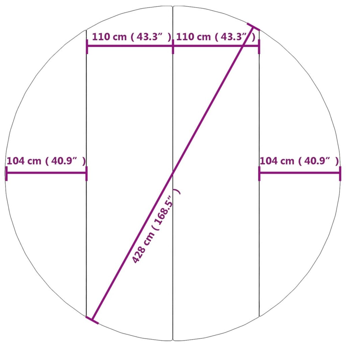 Ein Kreis mit Linien und Maßen in cm. Horizontale und diagonale Linien sind sichtbar.
