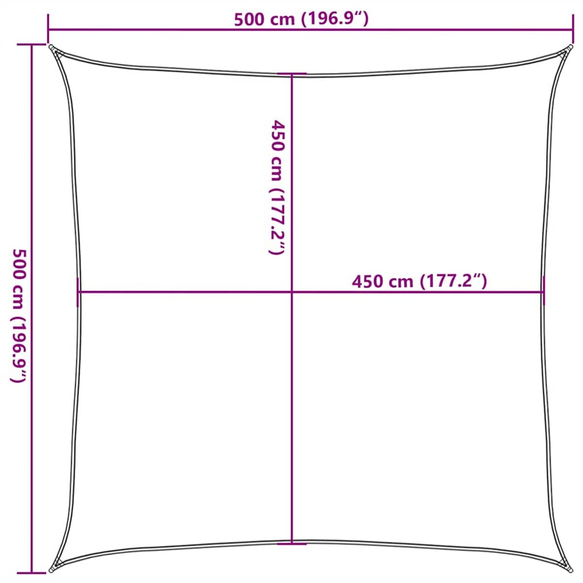 Quadratischer weißer Sonnenschirm mit den Maßen 500 cm x 450 cm. Straff gespannt.