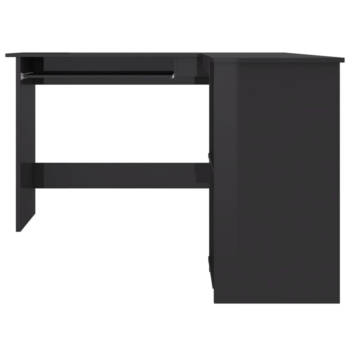 Ein schwarzer Eckschreibtisch mit einer Tastaturschublade. Er hat ein modernes Design.
