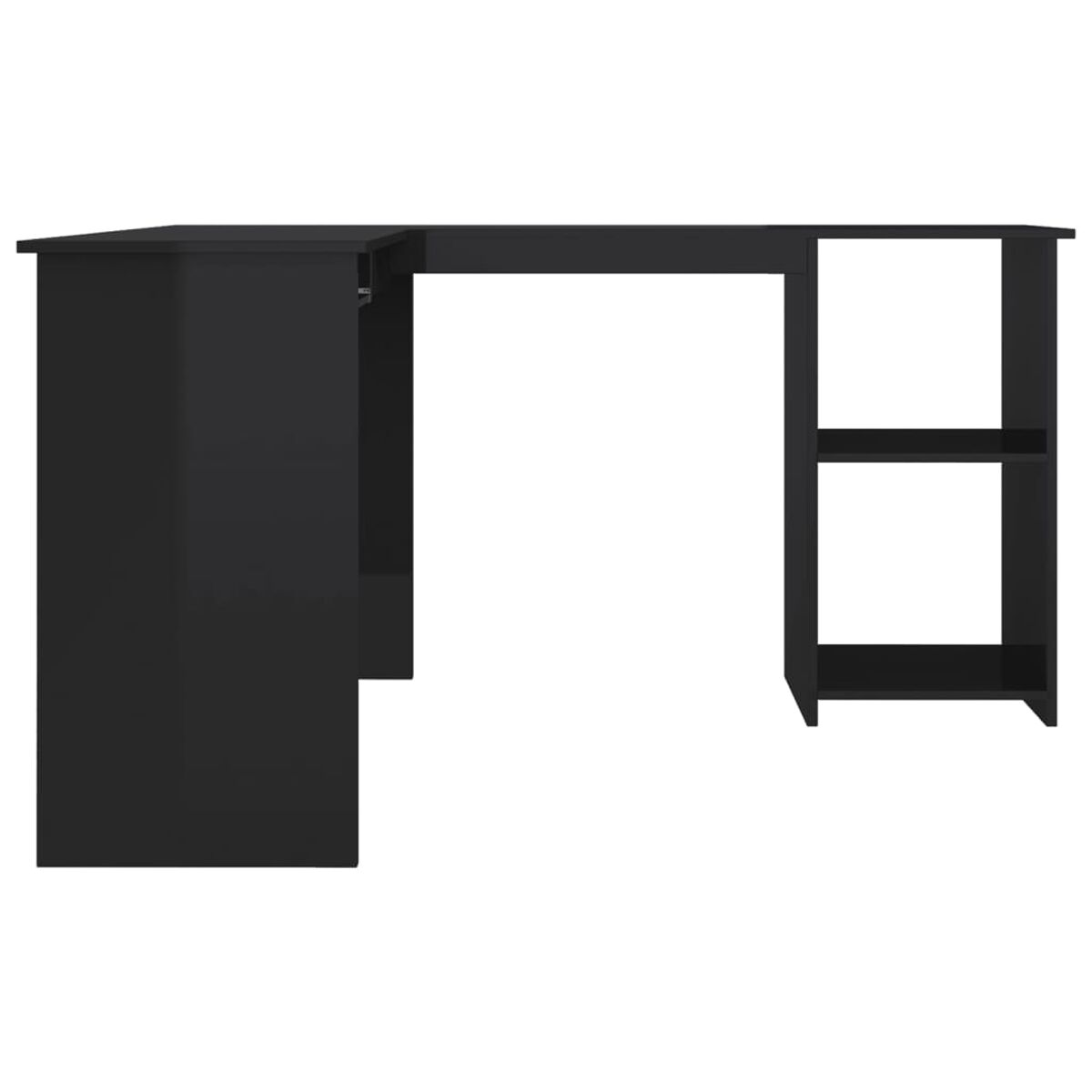 Schwarzer Eckschreibtisch mit Schublade, offenem Regal und Schrank links.