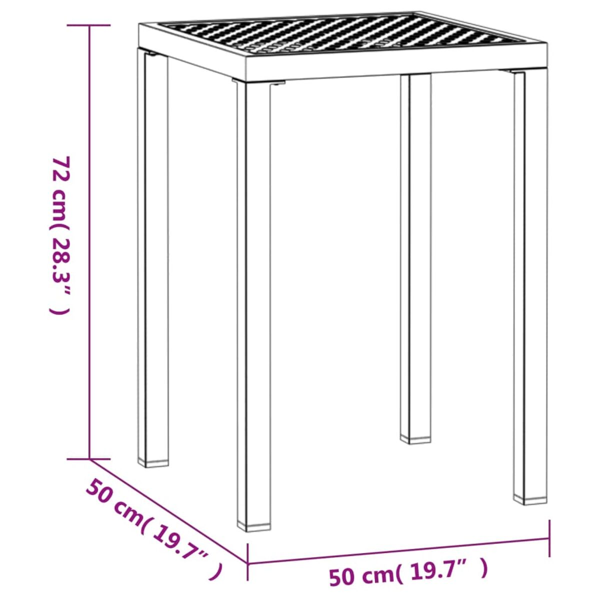 Ein quadratischer Tisch mit markierten Abmessungen.