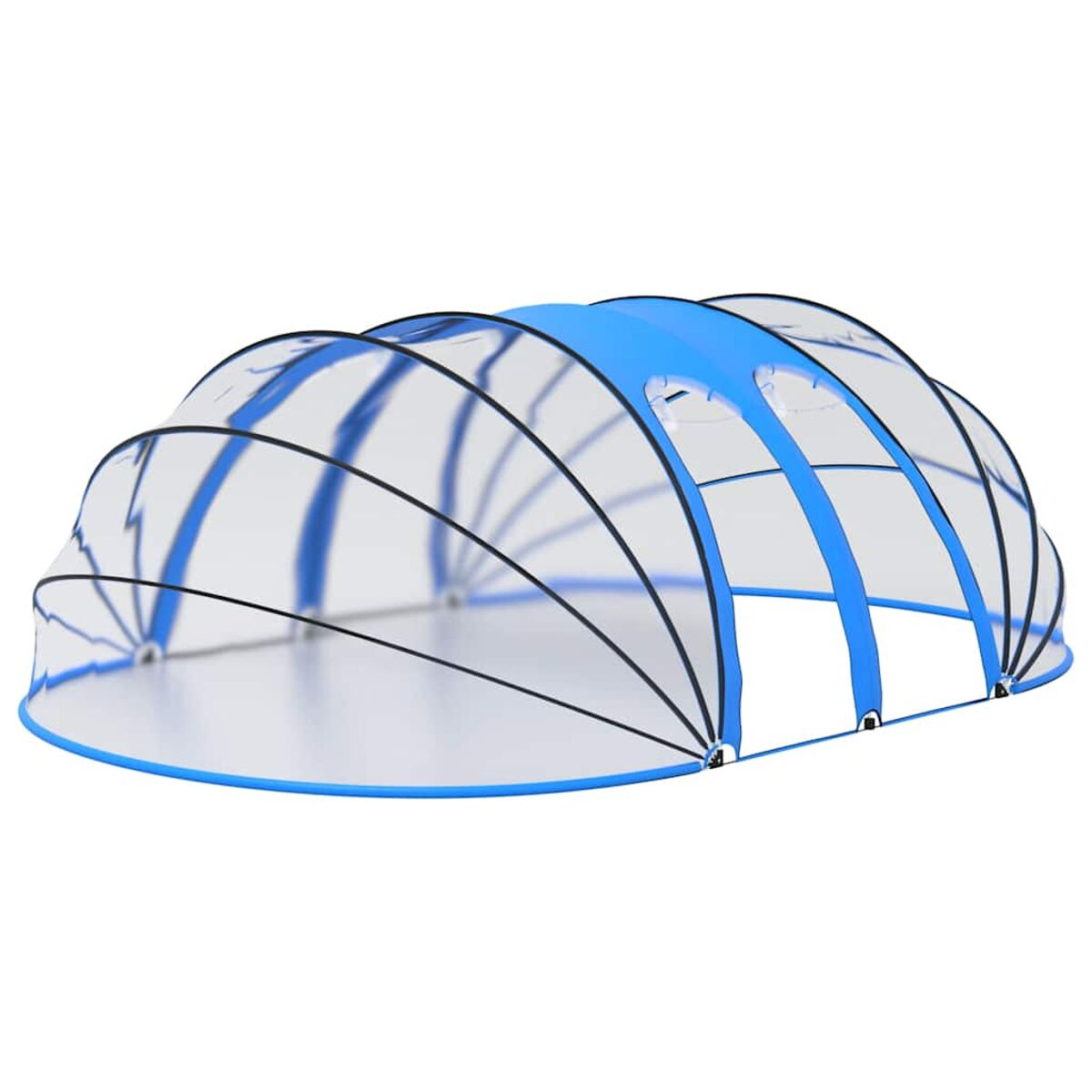 Blau-weiße Zeltstruktur. Gebogenes Design. Transparente Seiten. Weißer Hintergrund.