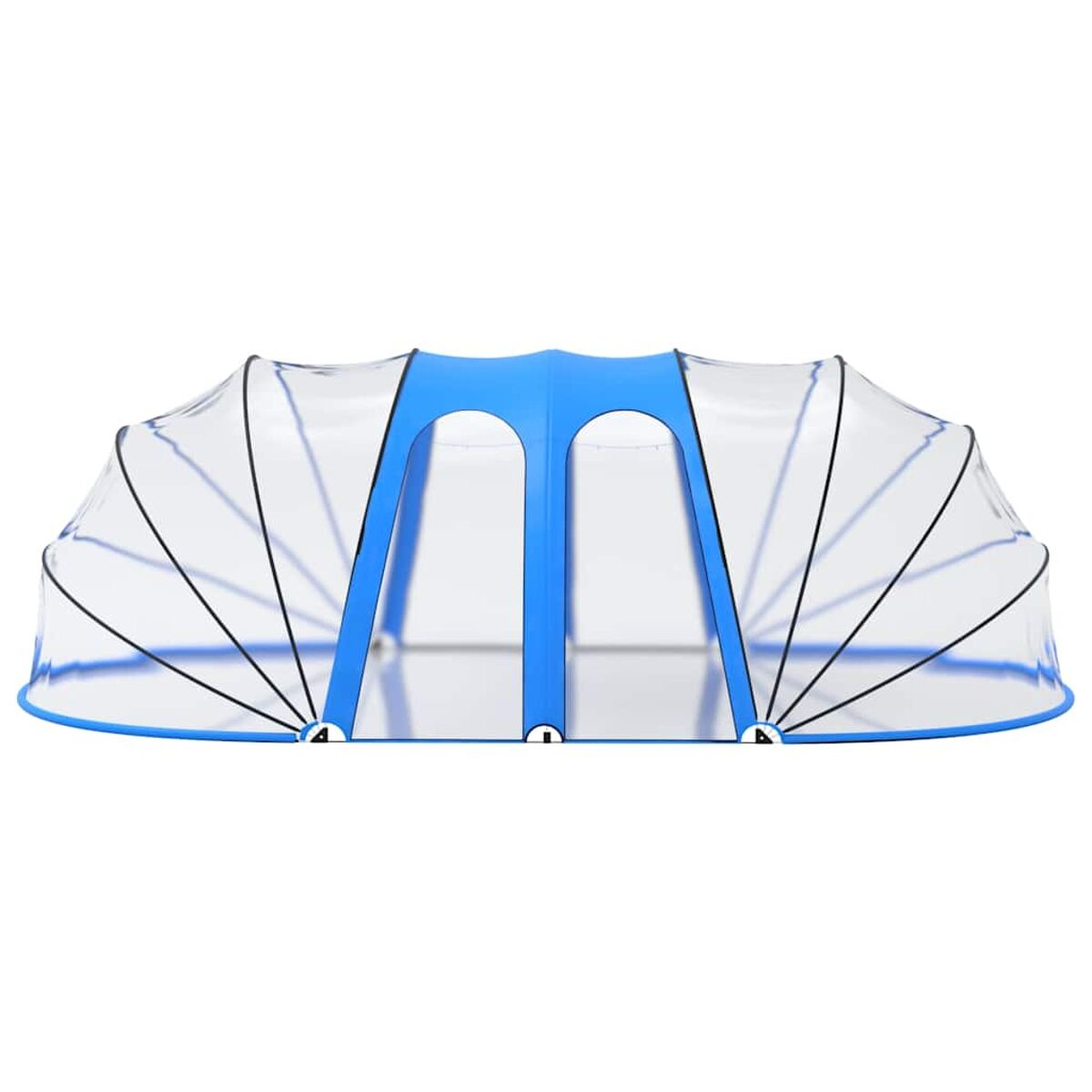 Weiße und blaue Lebensmittelabdeckung. Transparente Oberseite mit blauem Rahmen und Stützen.