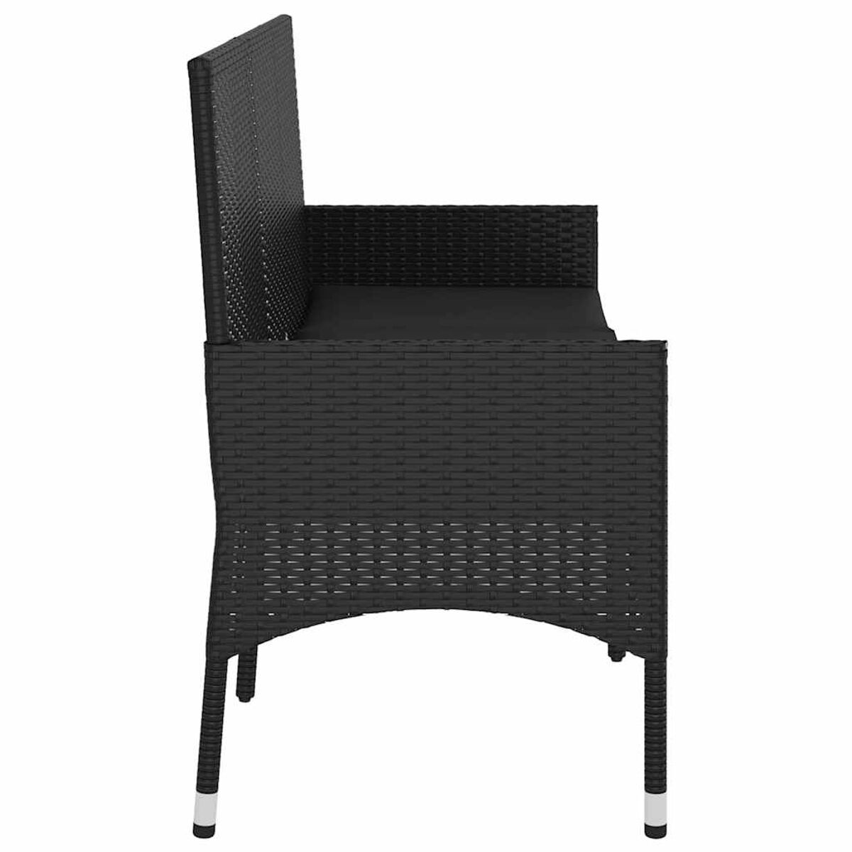 Schwarze Outdoor-Bank aus Korbgeflecht, Seitenansicht, mit schwarzem Kissen und weißen Beinenden.