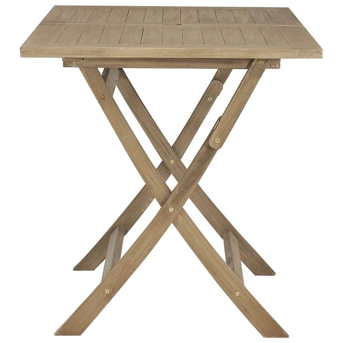 Ein kleiner, brauner, klappbarer Holztisch mit quadratischer Oberseite.