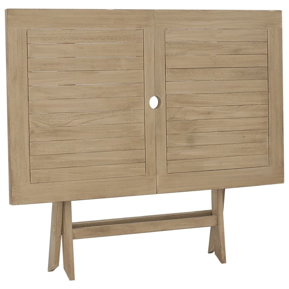 Holztisch mit zwei Türen, geöffnet. Der Tisch hat Holzbeine.