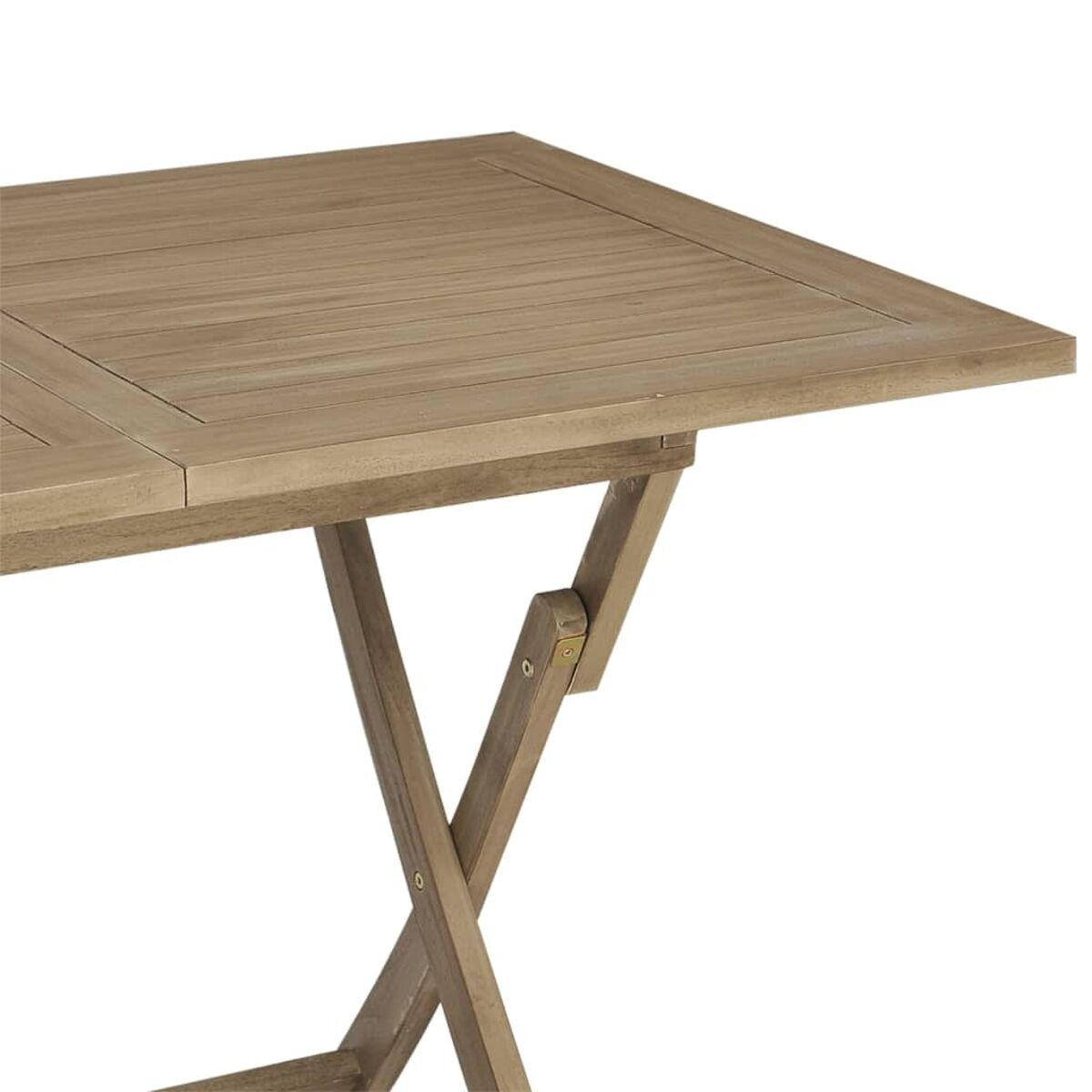 Nahaufnahme eines zusammenklappbaren Holztisches, Beine zusammengeklappt.