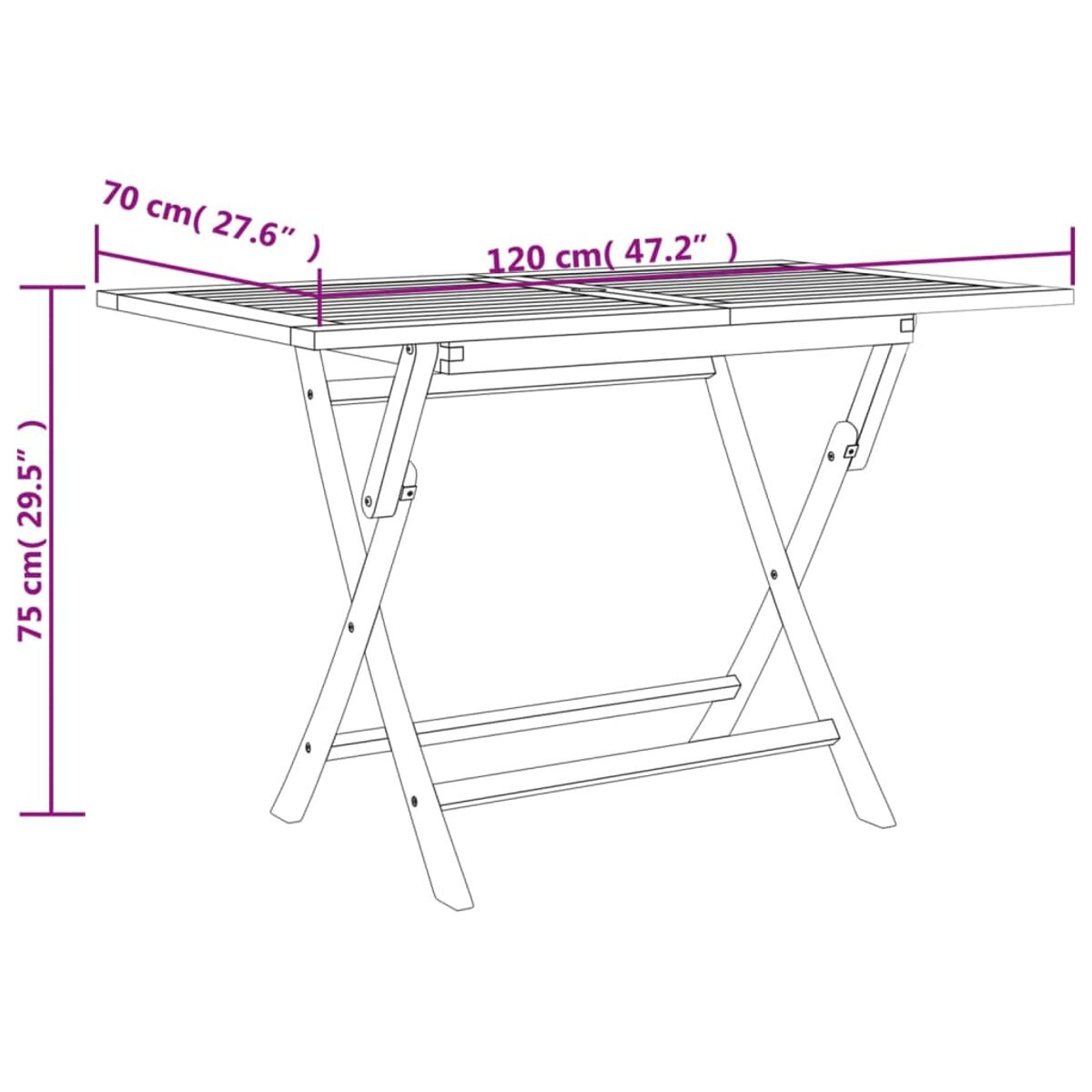 Ein hölzerner Klapptisch mit seinen Abmessungen. Der Tisch ist offen mit sichtbaren Beinen.