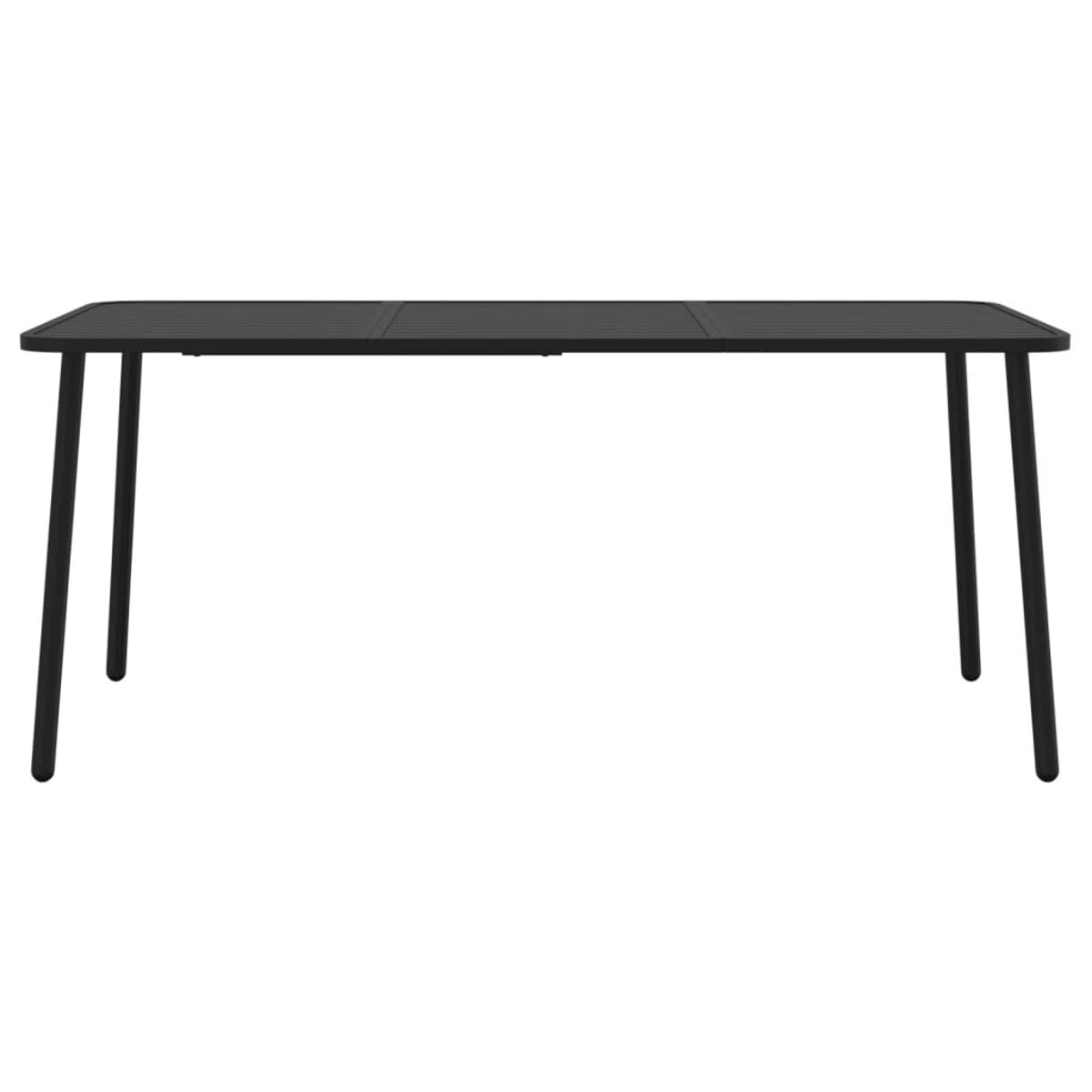Schwarzer Gartentisch mit rechteckiger Platte und vier schwarzen Beinen, schlichtes Design.