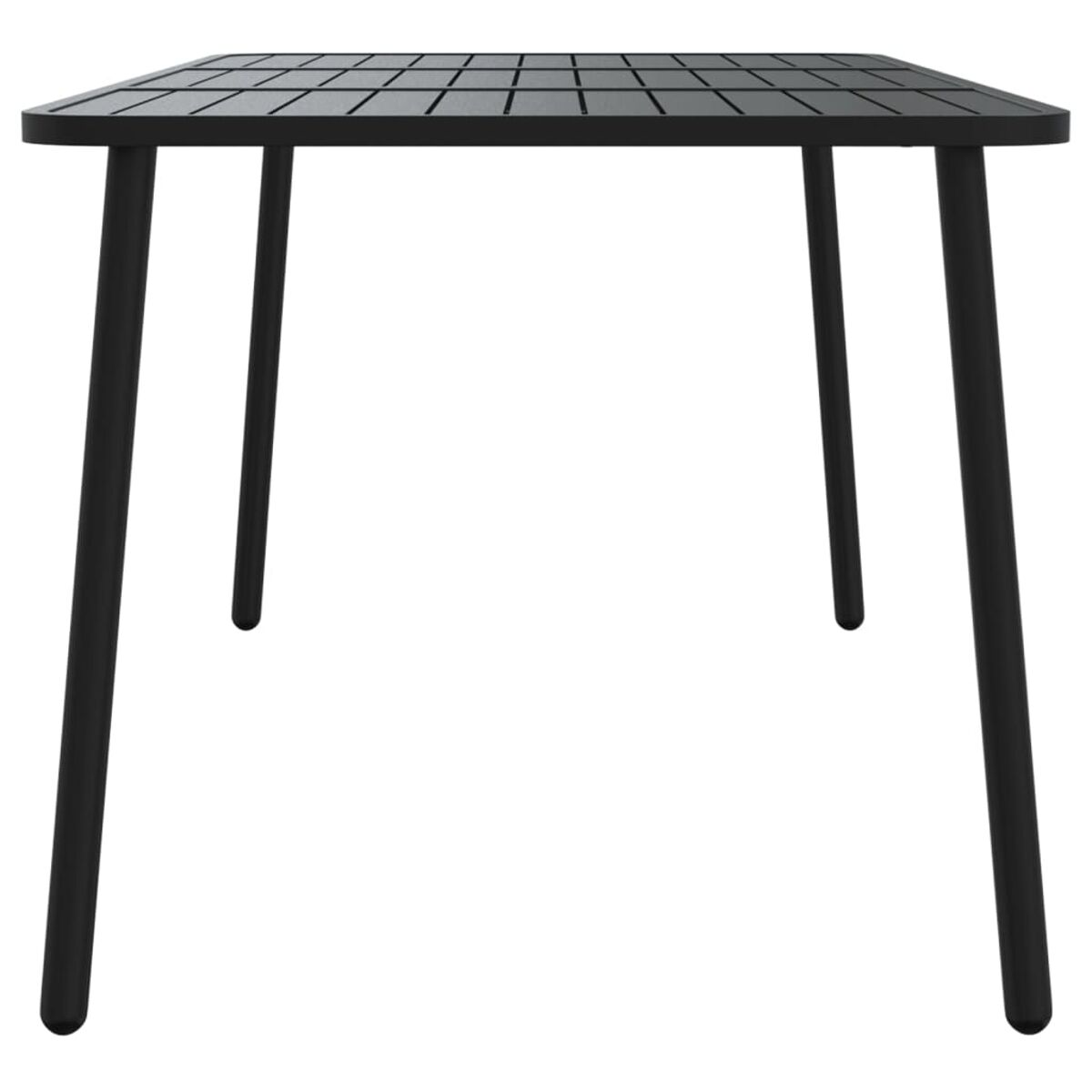 Schwarzer quadratischer Tisch mit vier Beinen. Tischplatte mit Lamellen.