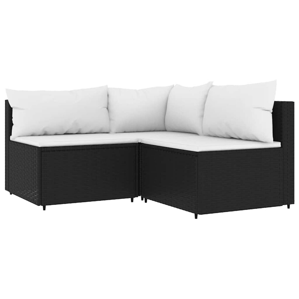 Schwarzes Outdoor-Ecksofa mit weißen Kissen, L-förmig angeordnet.