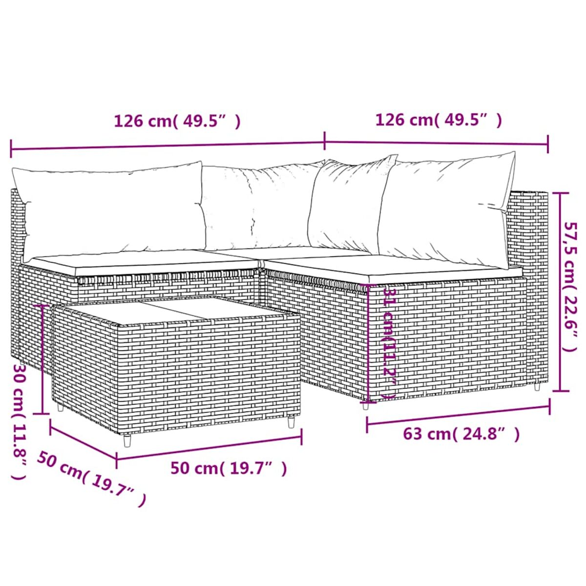 Gartenmöbel aus Weide mit Maßen. Enthält Ecksofa und Couchtisch. Weiße Kissen.