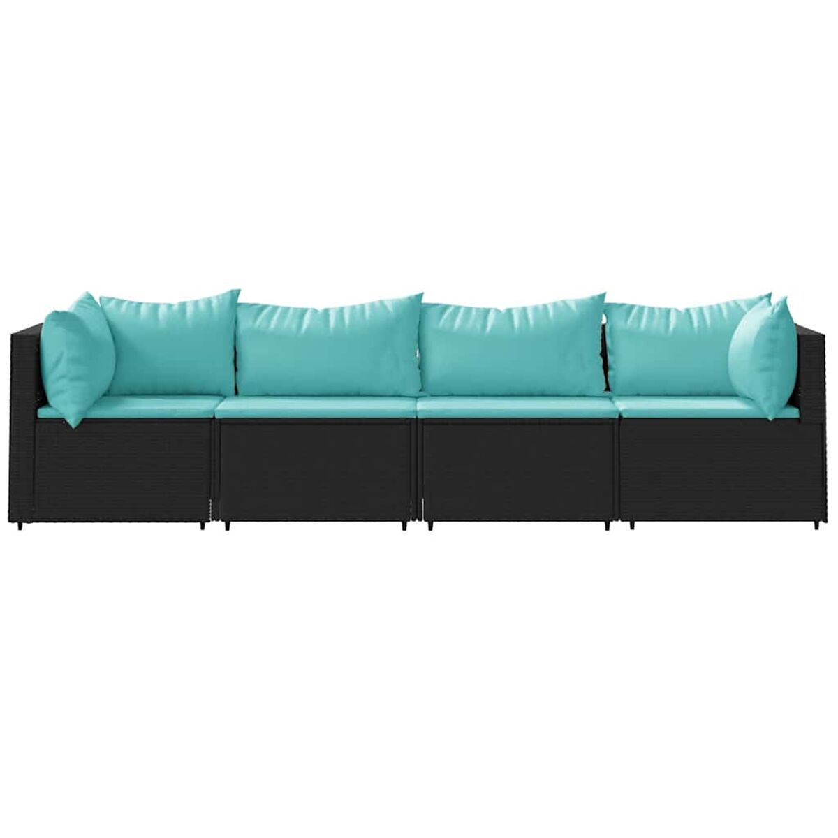 Outdoor-Ecksofa mit türkisfarbenen Kissen. Schwarzer Rahmen. Weißer Hintergrund.