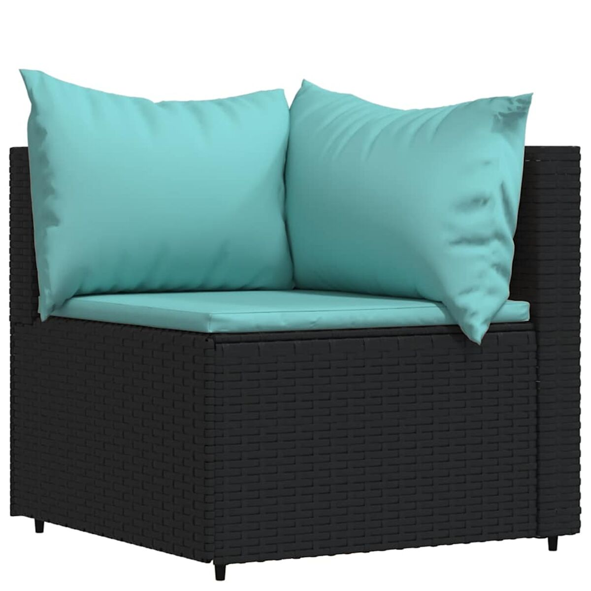 Schwarzes Ecksofa für draußen mit türkisfarbenen Kissen. Sitz schwarz, Kissen türkis.