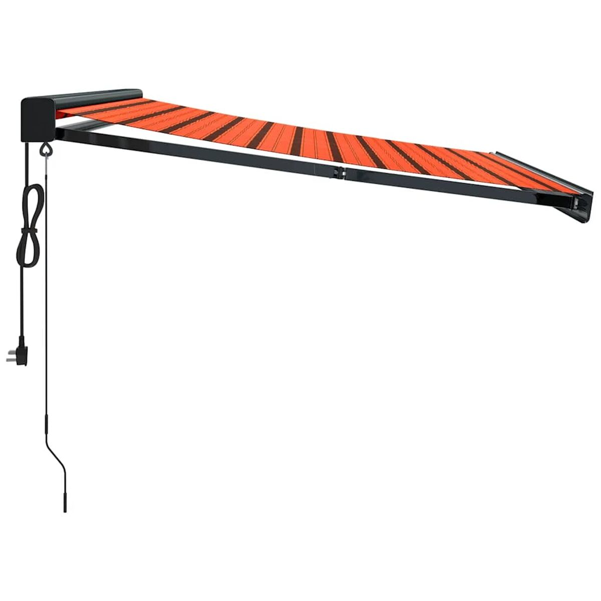 Orange und schwarz gestreifte Markise, an einer Wand montiert, mit Stromkabel.