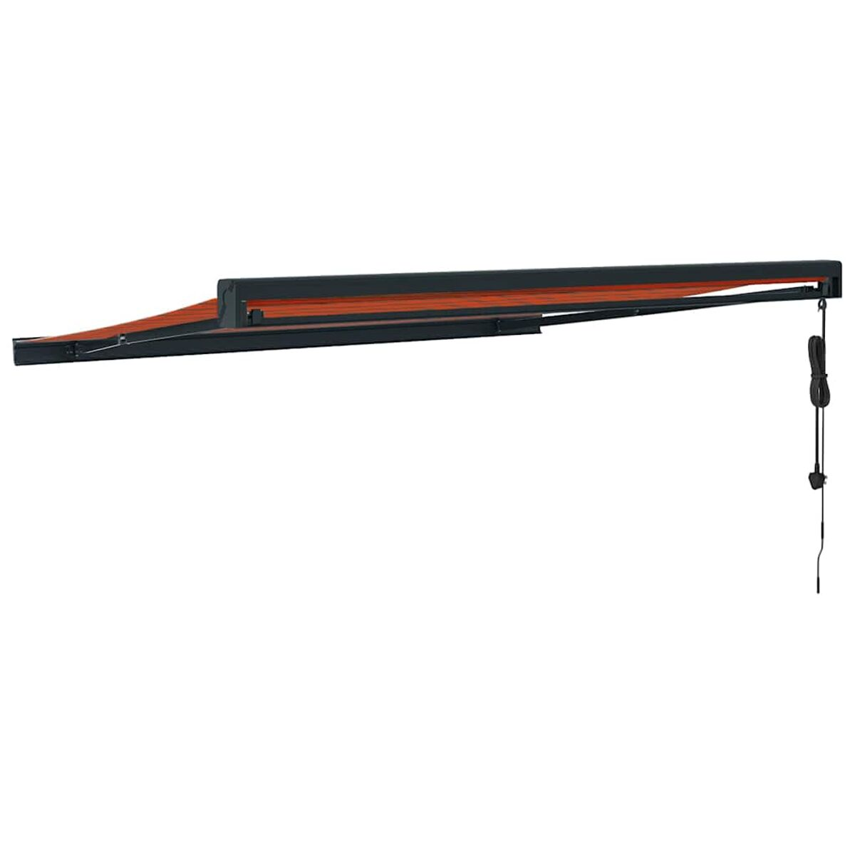 Eine offene, orangefarbene und schwarze ausziehbare Markise, an einer weißen Wand montiert.