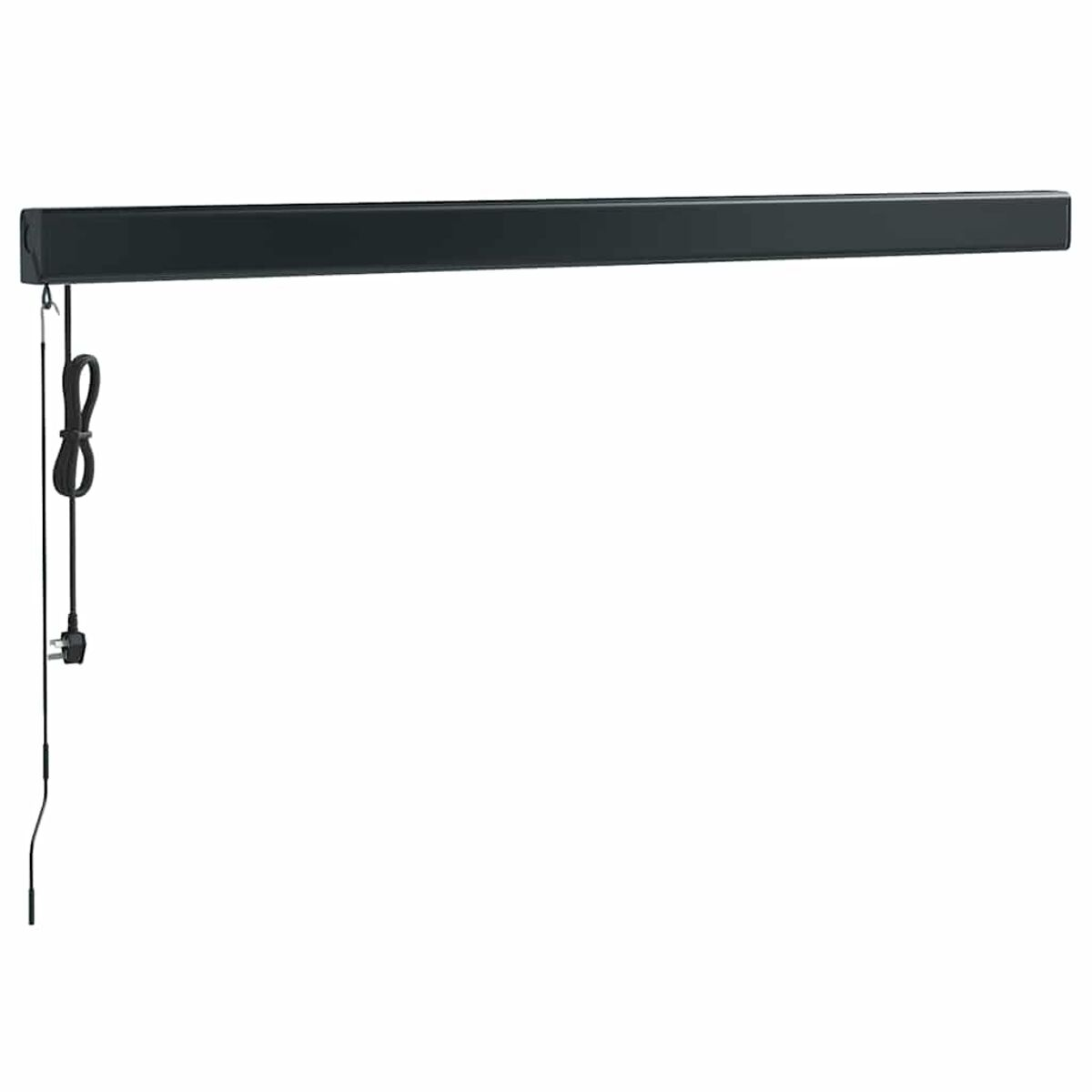 Eine schwarze, rechteckige Wandlampe mit Netzkabel und Stecker. Hintergrund: Weiß.