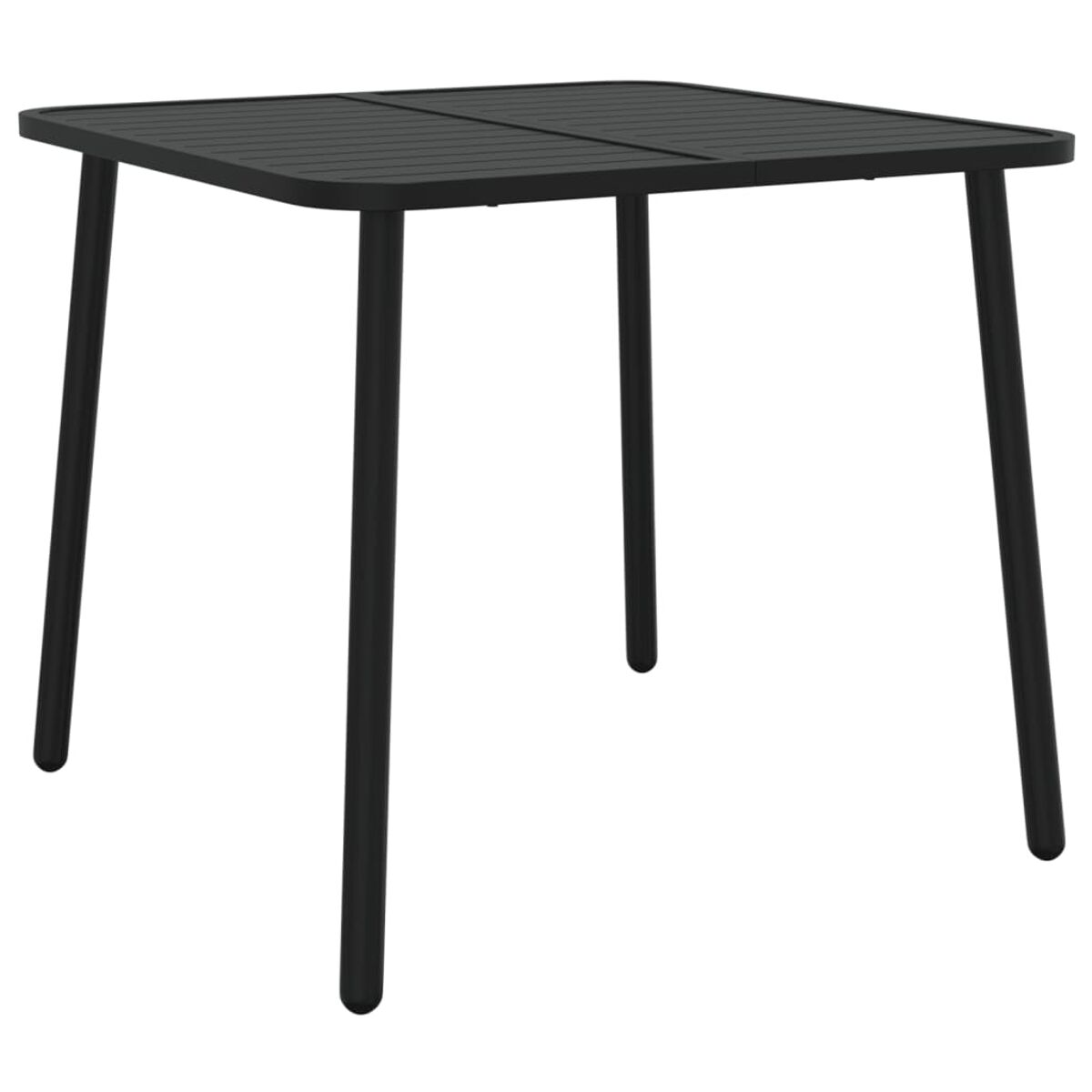 Schwarzer quadratischer Gartentisch mit vier Beinen, auf weißem Hintergrund.