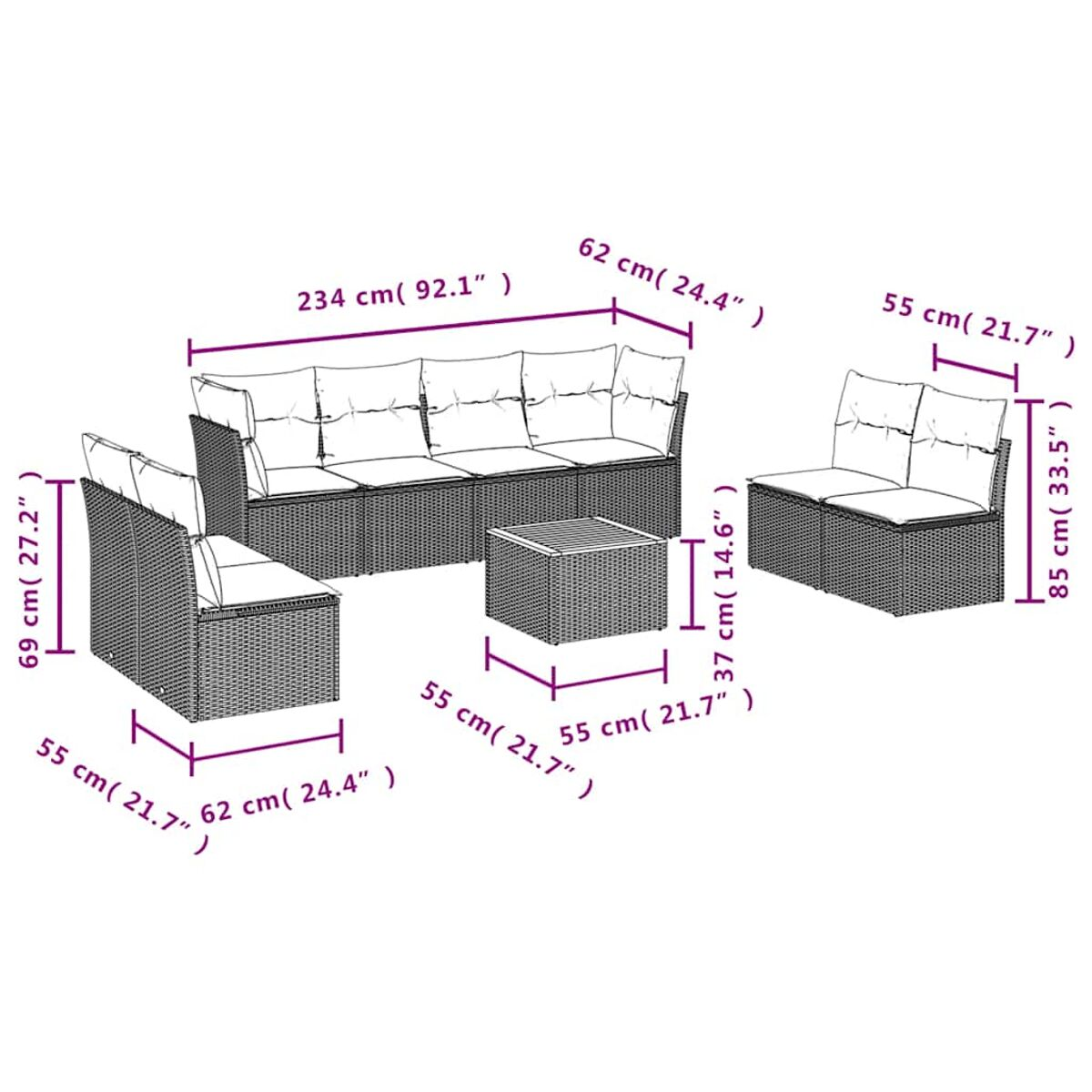 Ein Satz Rattan-Gartenmöbel mit Abmessungen. Enthält ein Sofa, zwei Stühle und einen Tisch.