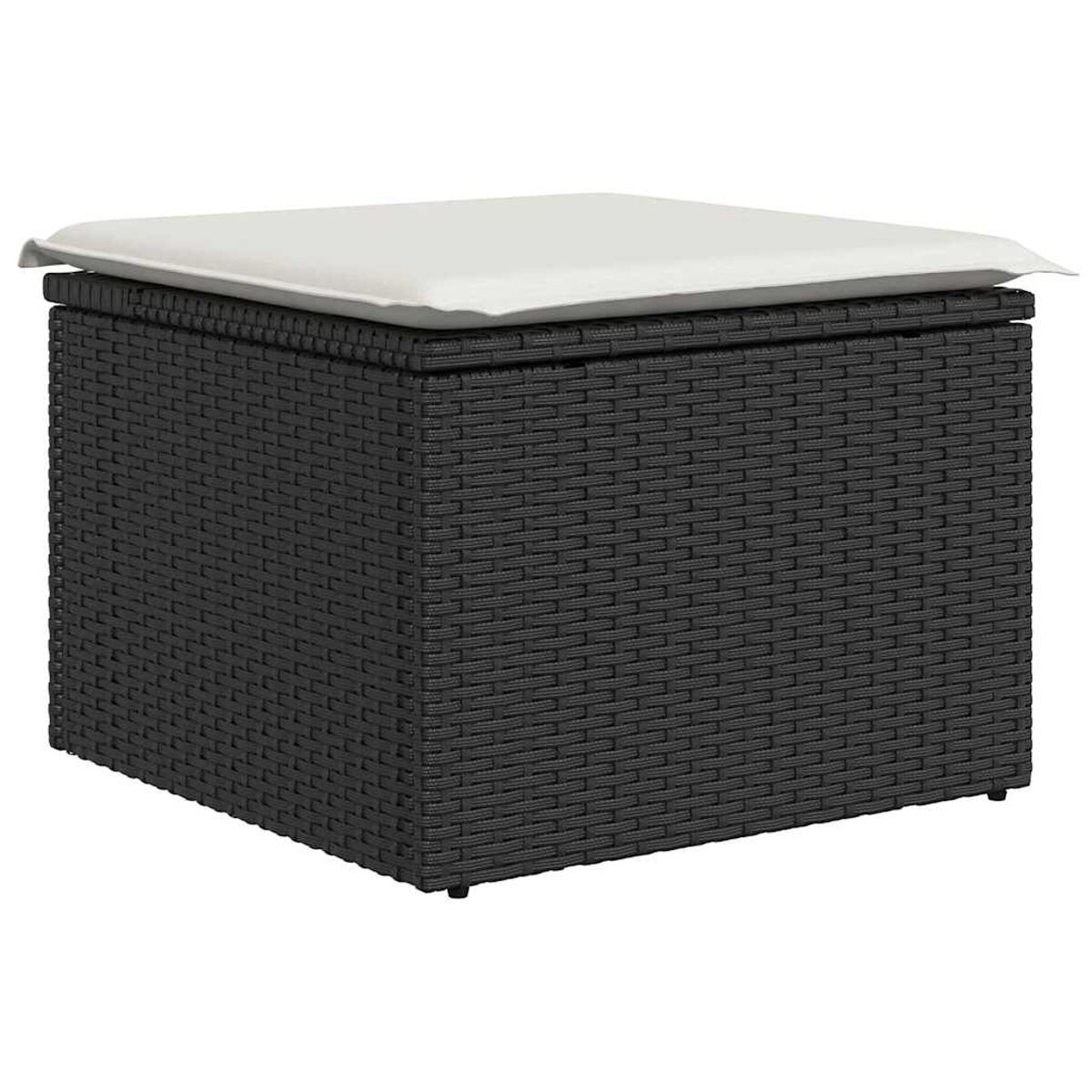 Schwarze quadratische Ottomane mit weißem Kissen. Die Ottomane hat ein Webmuster.