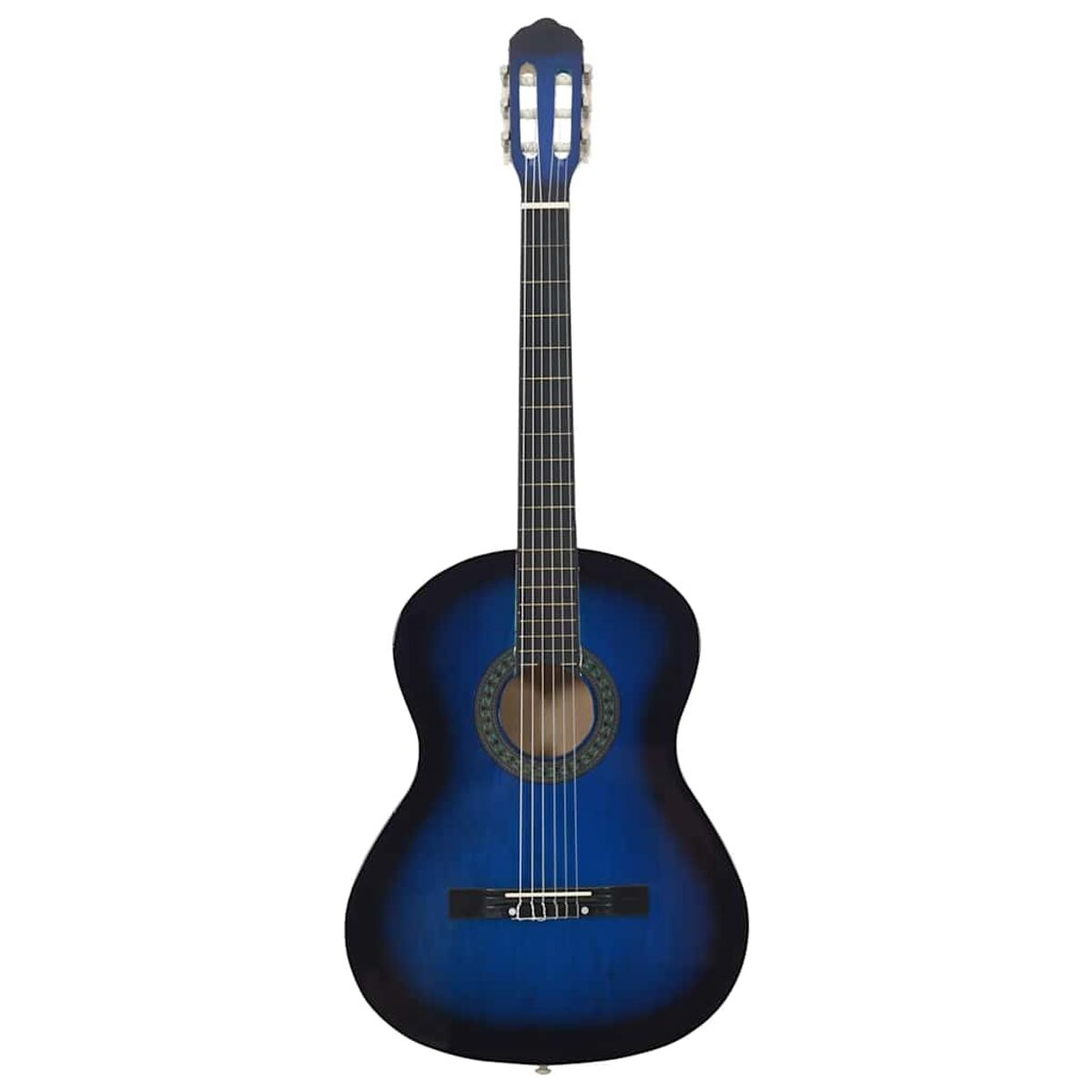 Blaue und schwarze klassische Gitarre. Holzkorpus, Saiten und Kopfplatte.