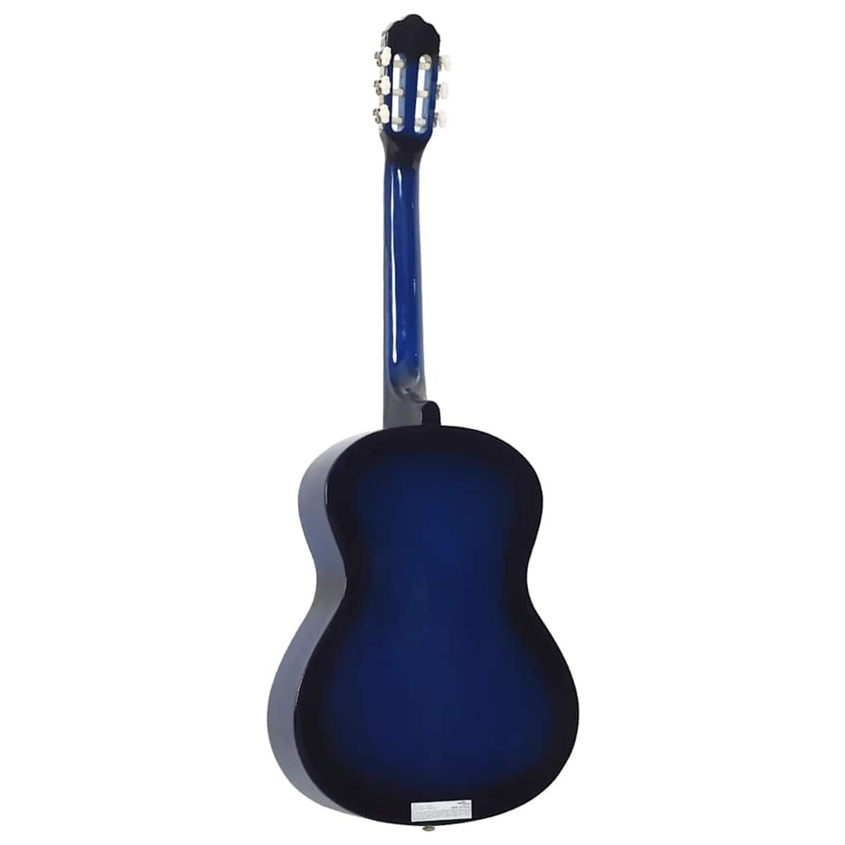Akustikgitarre, Rückansicht. Dunkelblau, schwarzer Korpus und weiße Bindung.