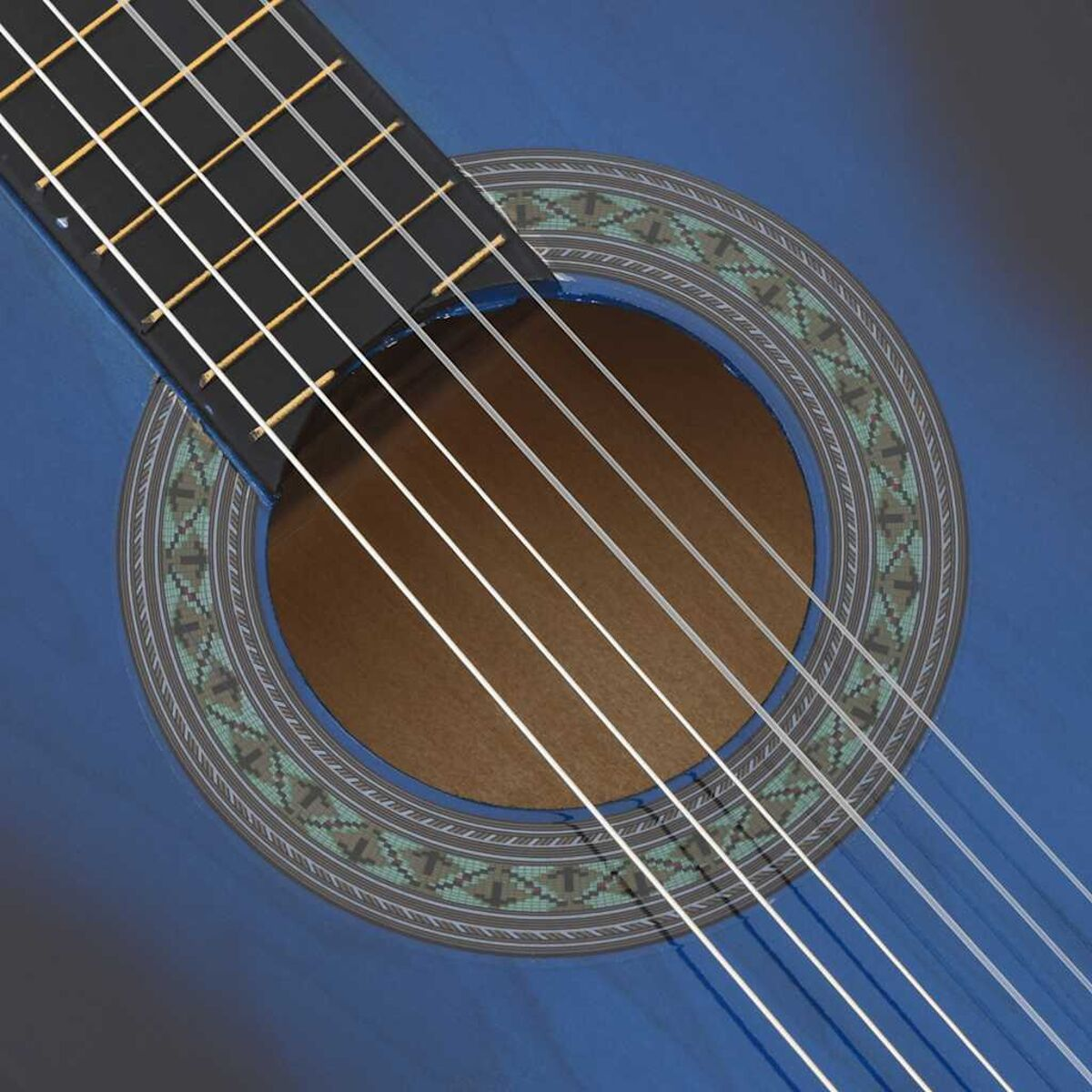 Blaue Gitarre, Saiten sichtbar, Schallloch in der Mitte, umgeben von dekorativem Design.