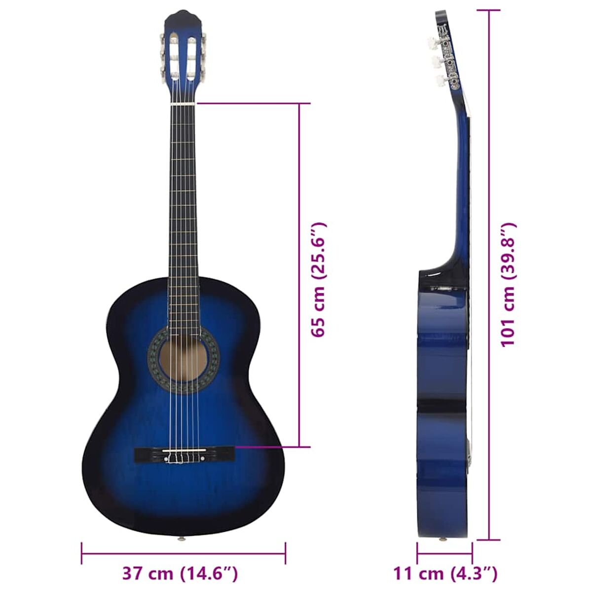 Eine blaue Akustikgitarre mit beschrifteten Abmessungen. Sie hat ein dunkelblaues Finish.