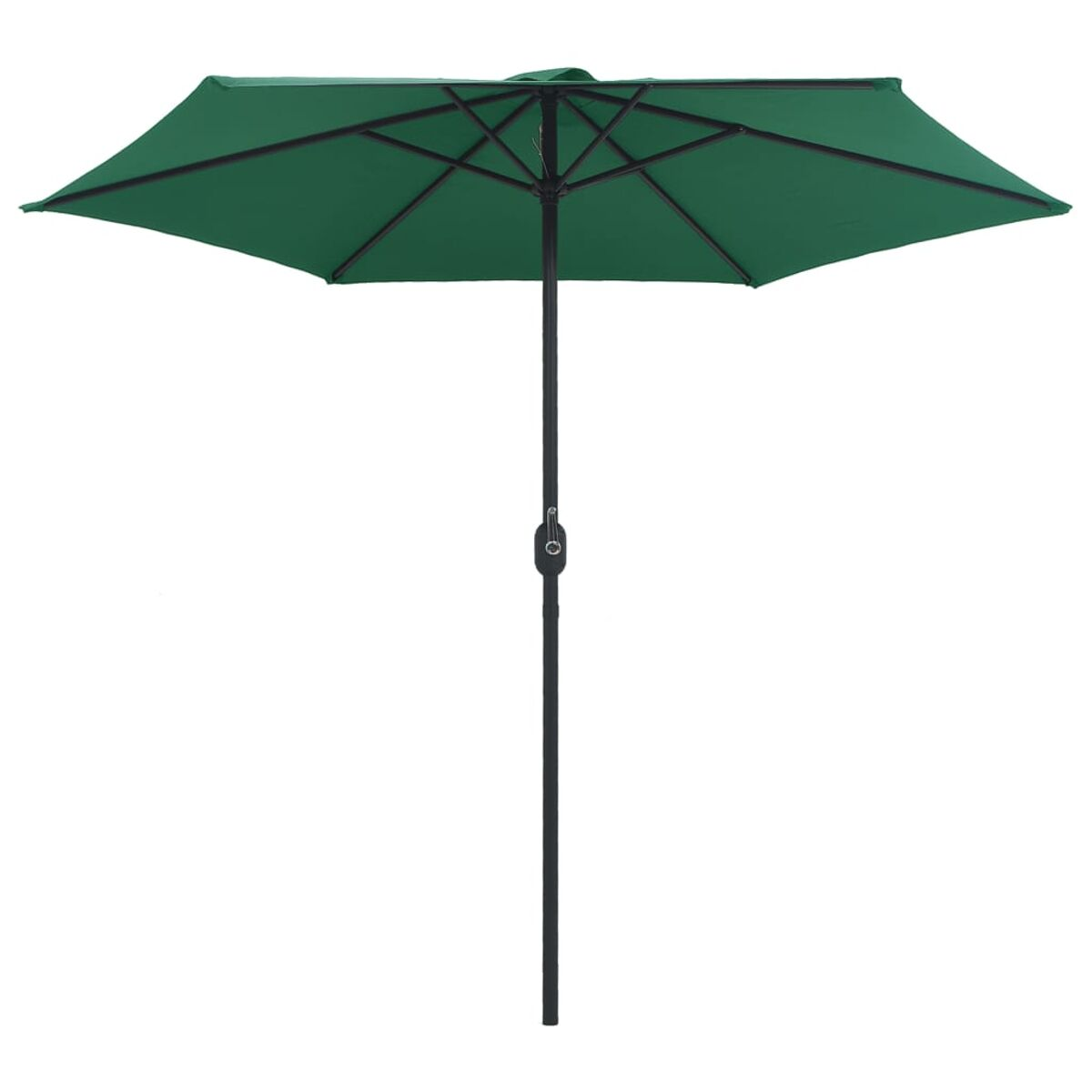 Ein grüner Regenschirm mit schwarzem Mast und Rippen. Der Schirm ist geöffnet.