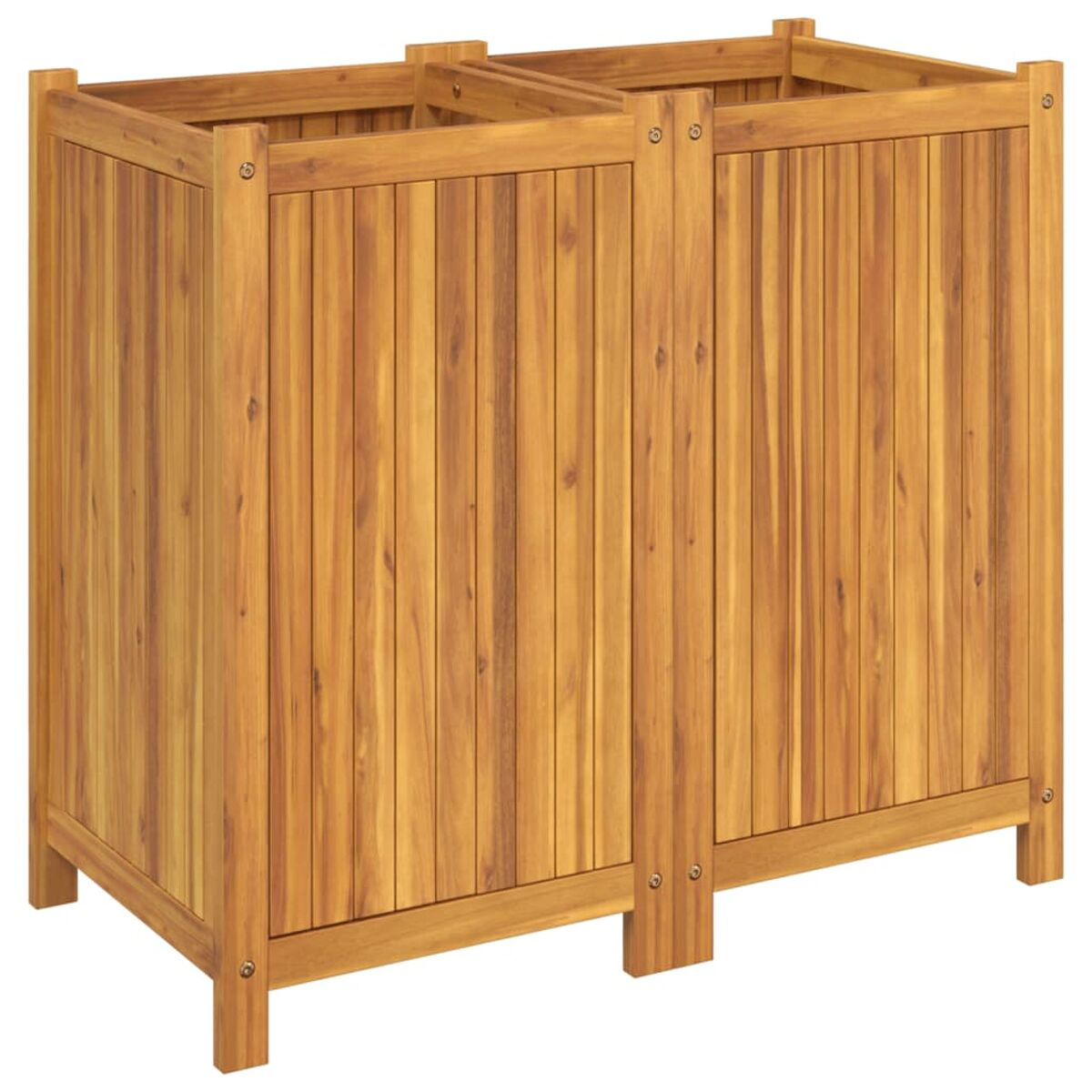 Mülleimereinfassung aus Holz, zwei Fächer. Sichtbare Holzmaserung.