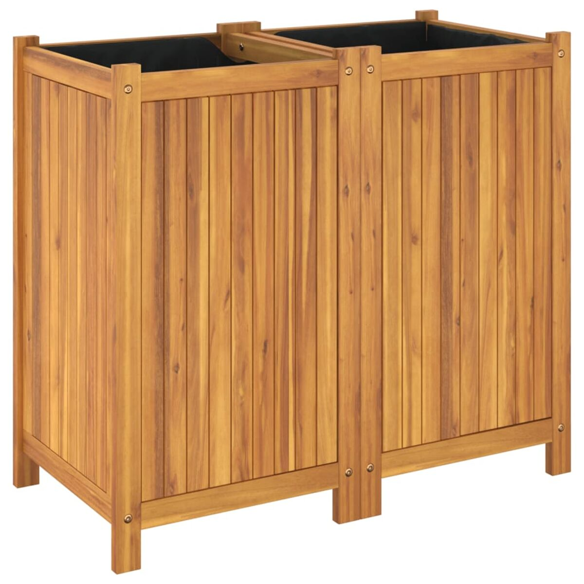 Ein hölzerner Mülleimer mit zwei Fächern. Er ist braun und hat ein Holzlatten-Design. Weißer Hintergrund.