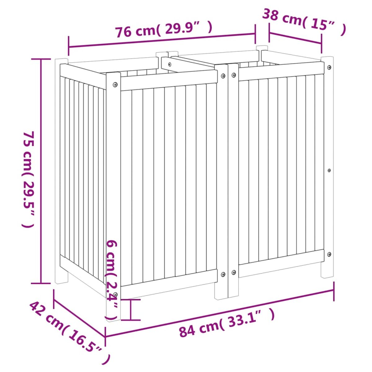 Holzaufbewahrungsbox mit in cm und Zoll angegebenen Abmessungen.