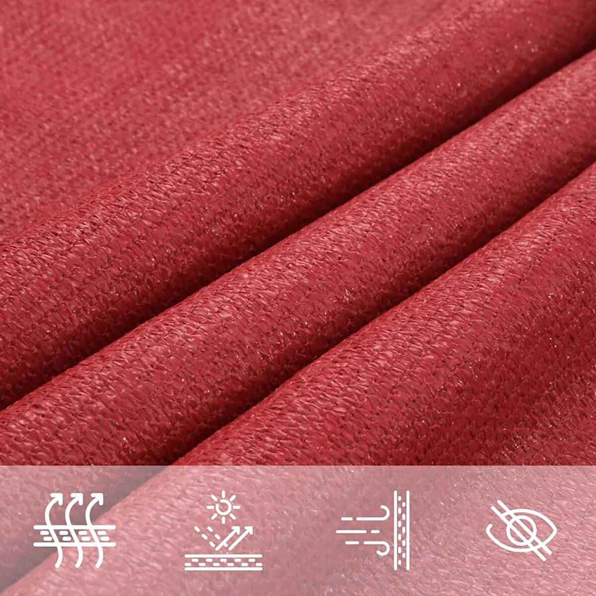 Nahaufnahme roter Stoff. Linien im Stoff. Symbole von Sonne, Wind und Wasser sind vorhanden.