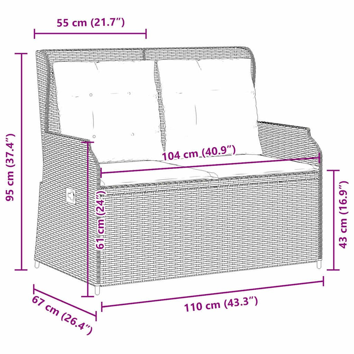 Un divano da esterno in rattan con cuscini. Le dimensioni sono indicate.