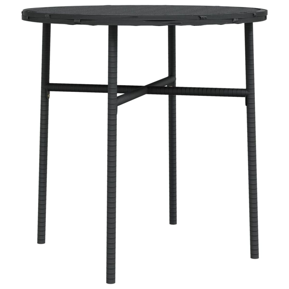 Runder Outdoor-Tisch mit vier Beinen. Der Tisch ist dunkelgrau und gewebt.