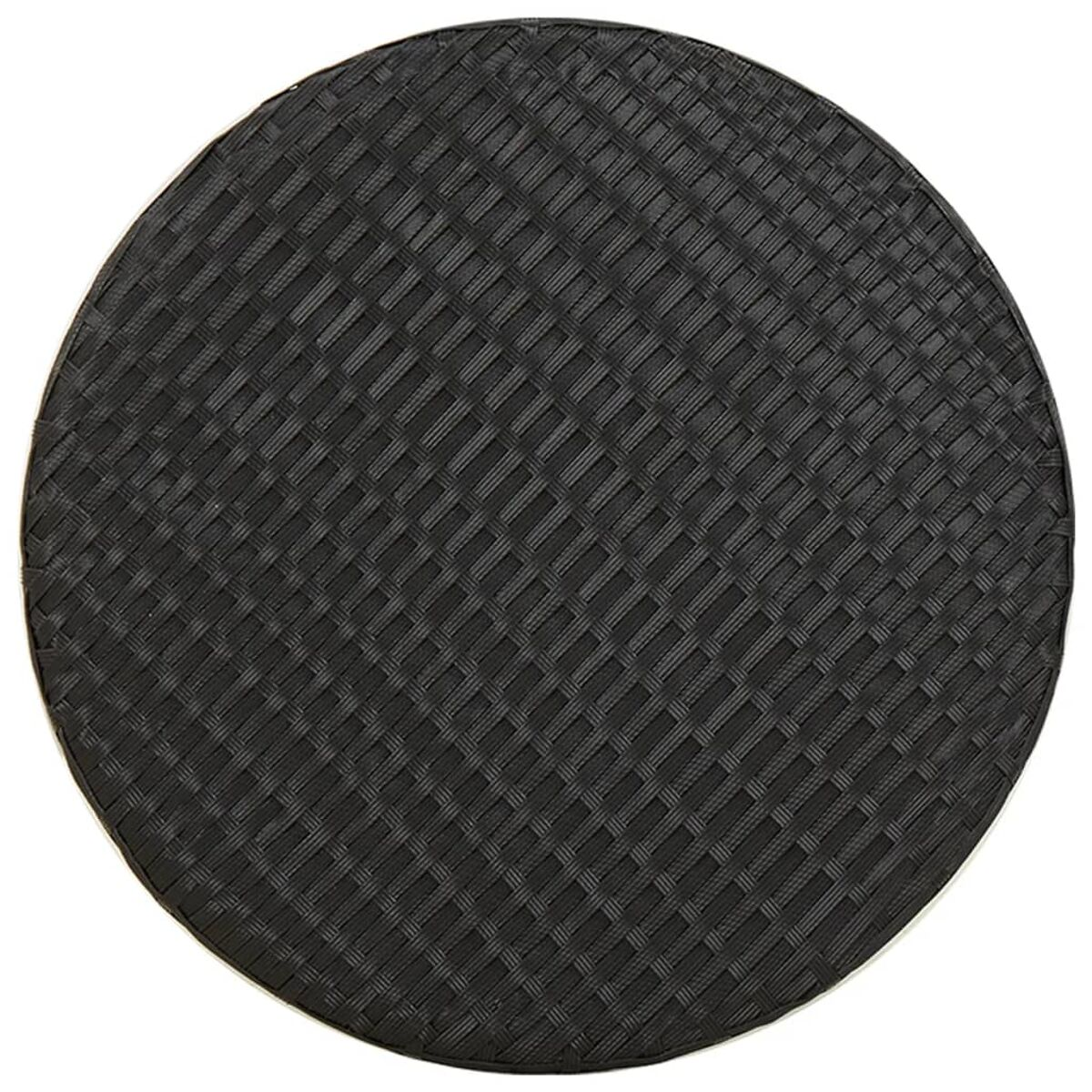 Eine schwarze, gewebte Matte. Sie ist kreisförmig mit einem Flechtmuster. Einfacher Hintergrund.