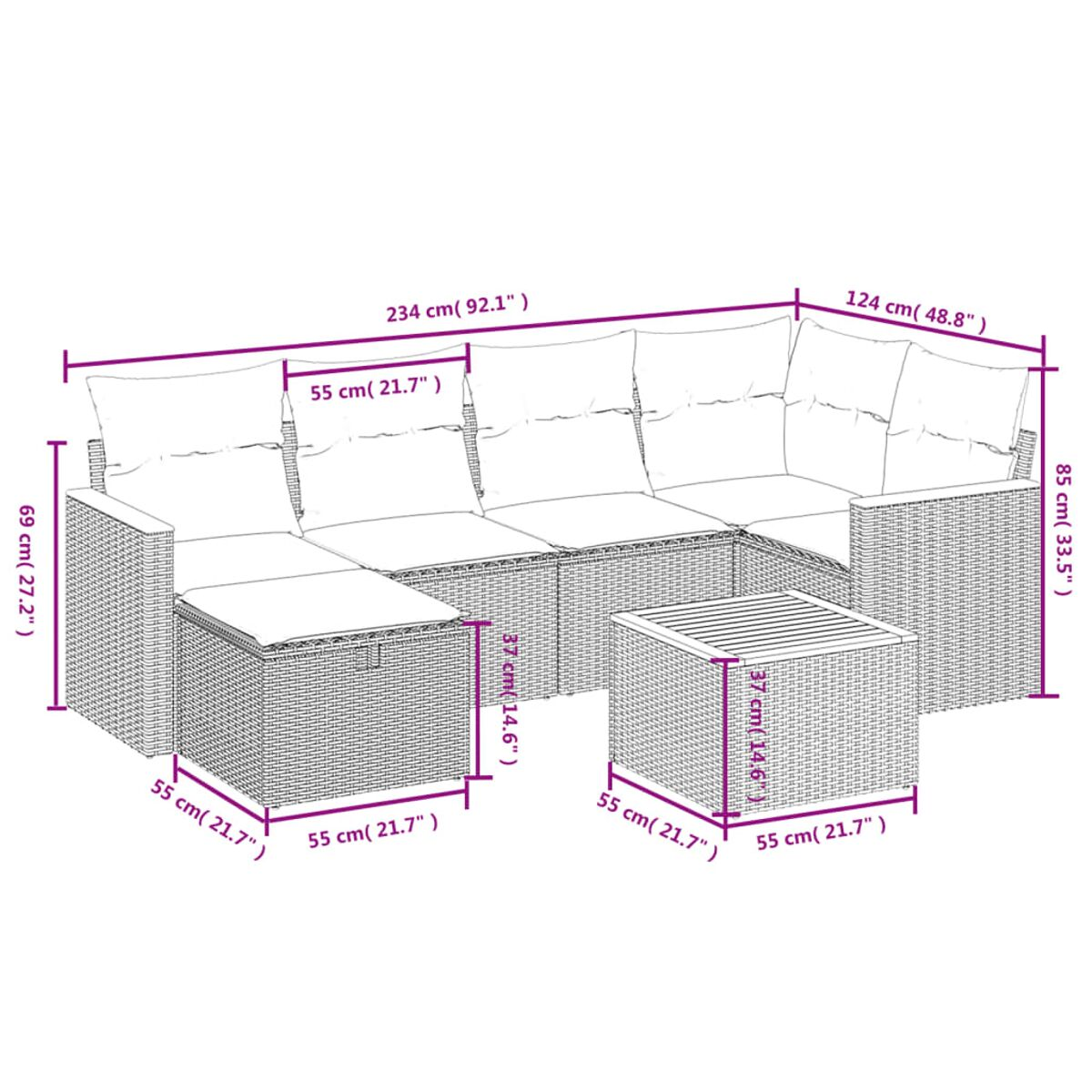 Gartenmöbel aus Korbgeflecht mit Kissen, inkl. Sofa, Hocker und Tisch. Abmessungen sind angegeben.