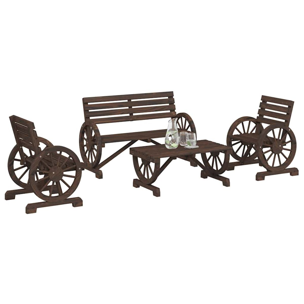 Gartenmöbel-Set aus Holz: Stühle, Bank und Tisch, alle mit Wagenradelementen gestaltet.