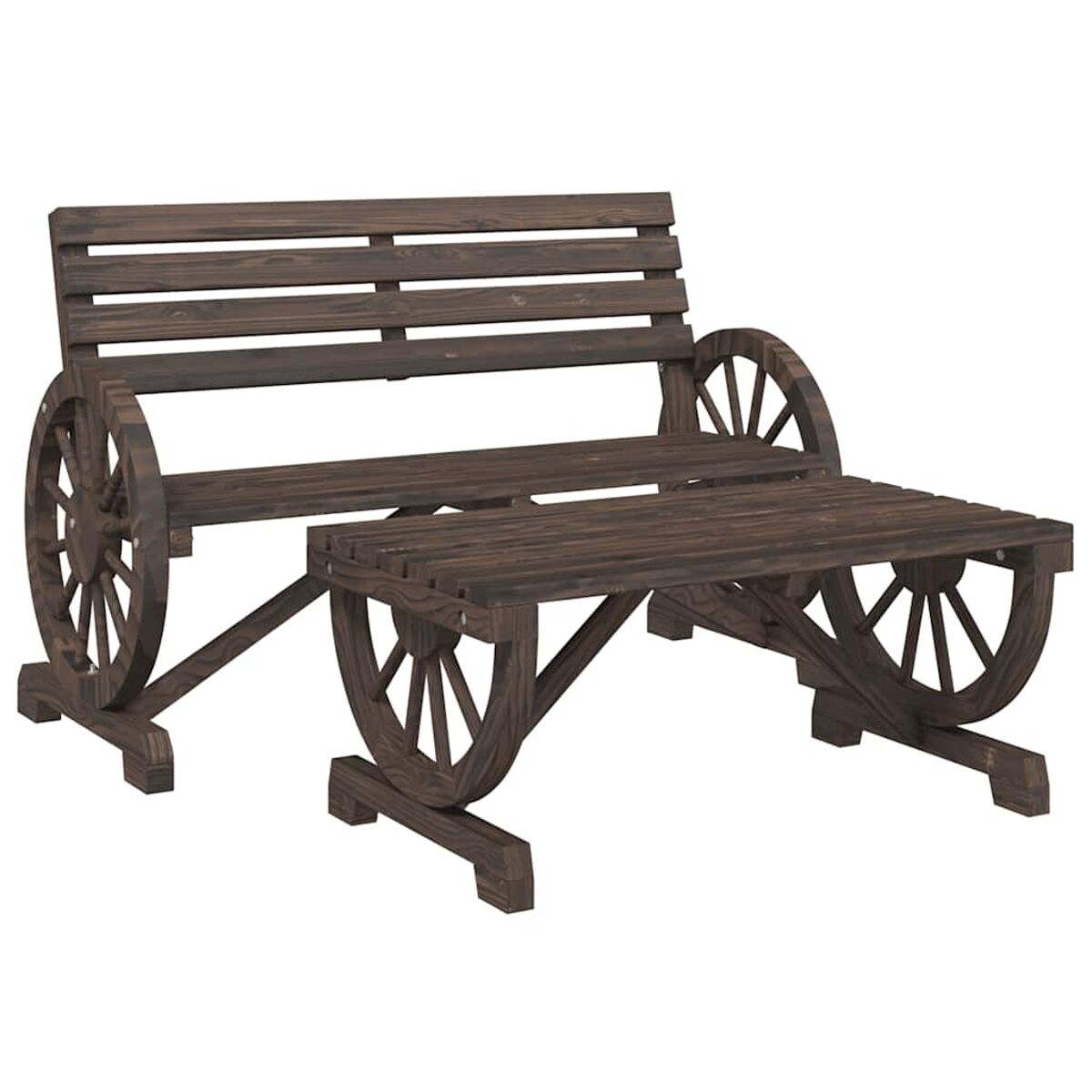 Holzbank und Tisch-Set mit Wagenrad-Design, dunkelbraune Farbe, vor weißem Hintergrund.