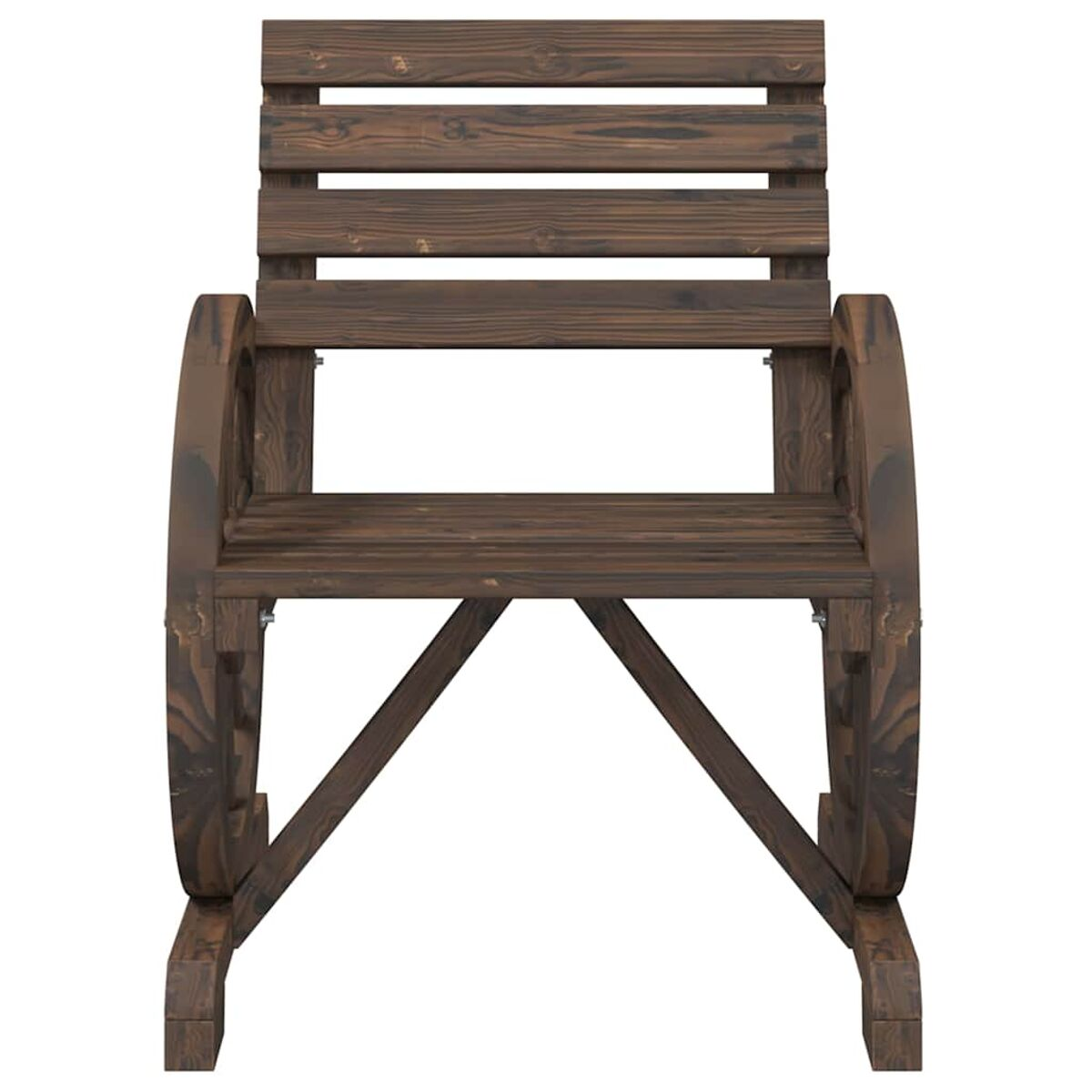 Schaukelstuhl aus dunklem Holz mit Lattenrücken und -sitz, vor weißem Hintergrund.