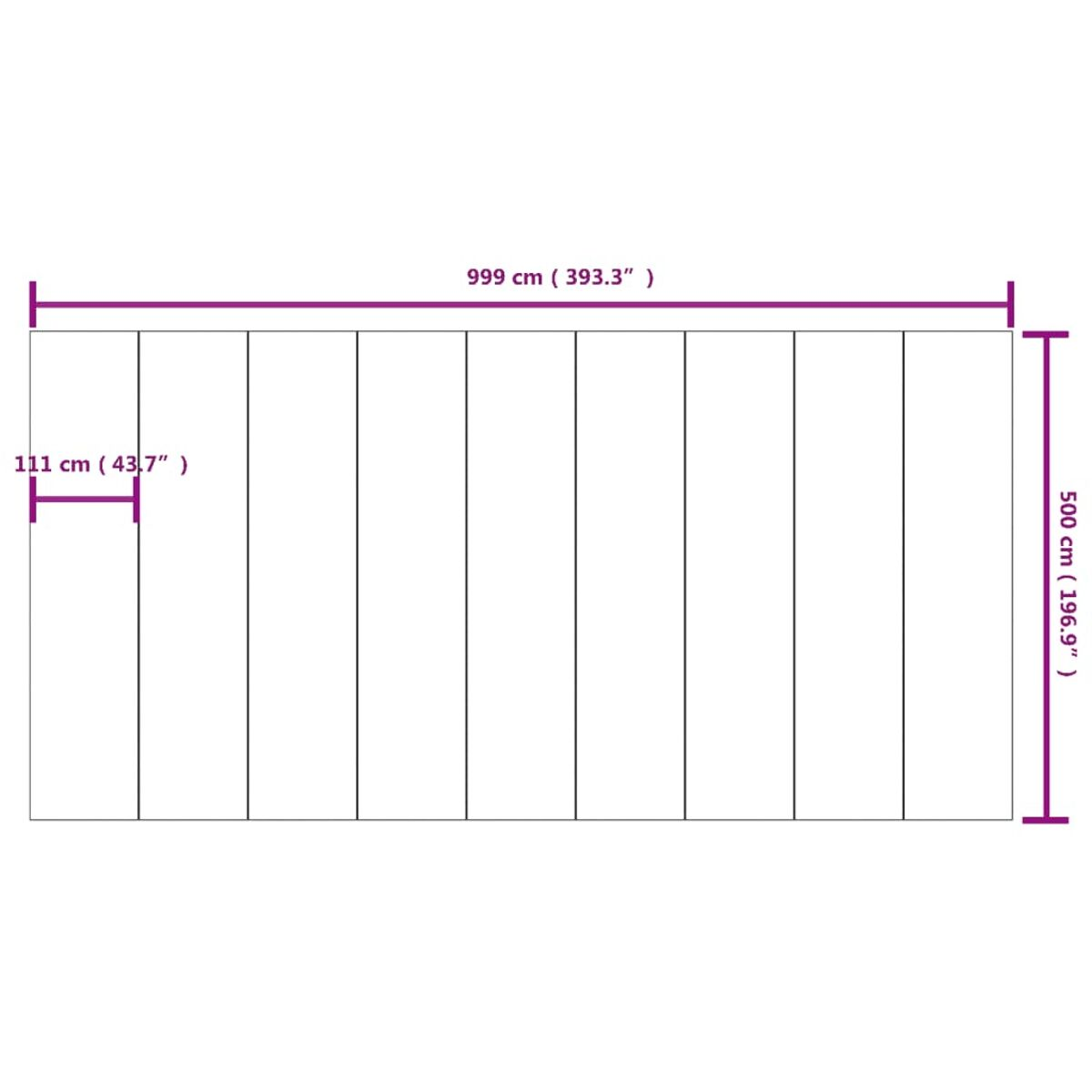 Diagramm: Schwarze Linien teilen ein weißes Rechteck in 10 vertikale Abschnitte, mit Maßangaben.