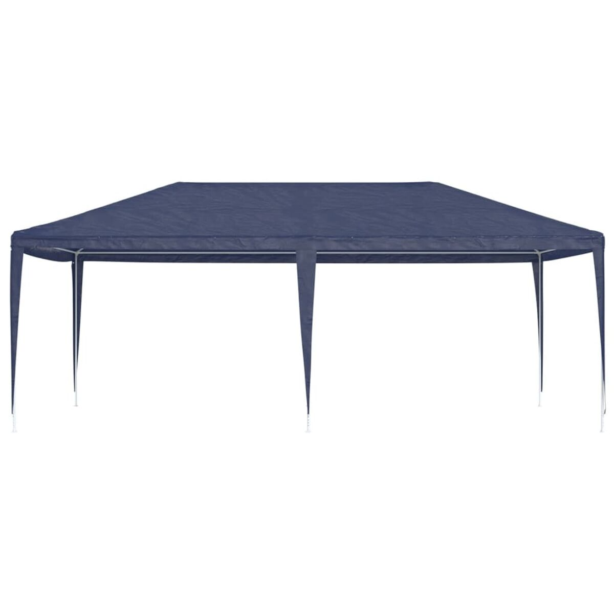 Blauer Pavillon mit rechteckiger Form. Es hat weiße Pfosten und steht im Freien.