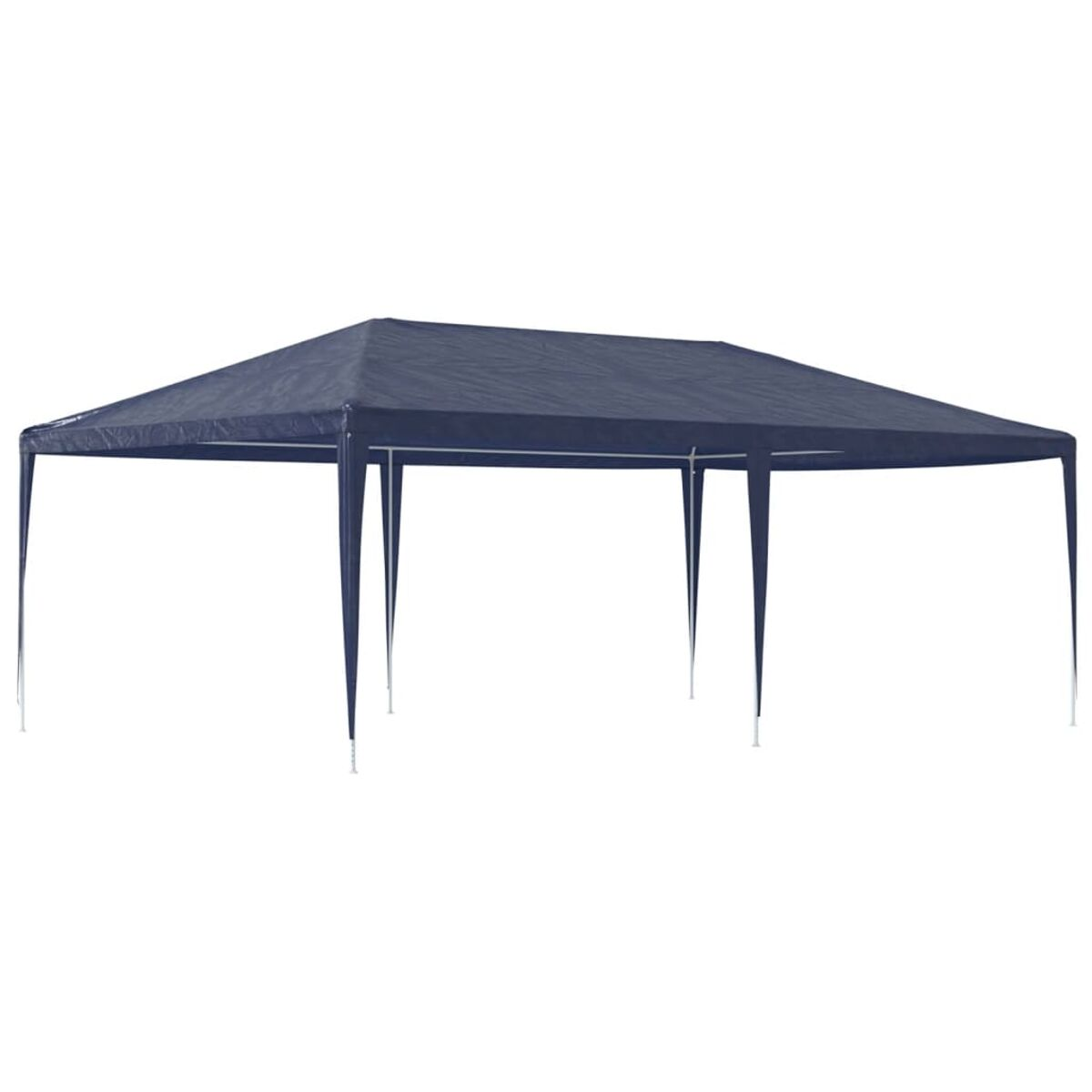 Ein blauer Pavillon mit einem dunkelblauen Dach. Es hat weiße Stangen und befindet sich im Freien.