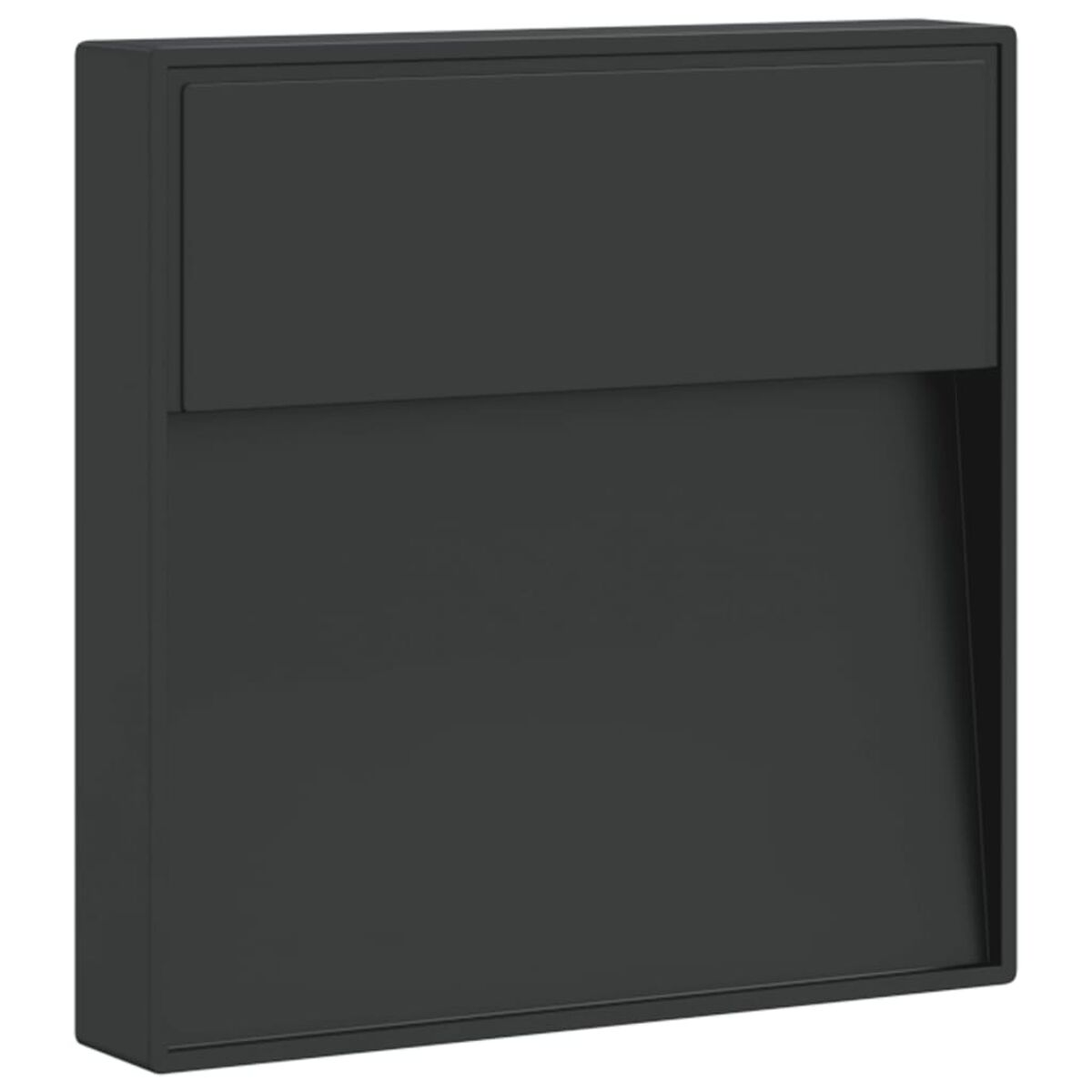 Schwarzer Briefkasten, wandmontiert. Vorderseite mit rechteckiger Platte und oberer Klappe.