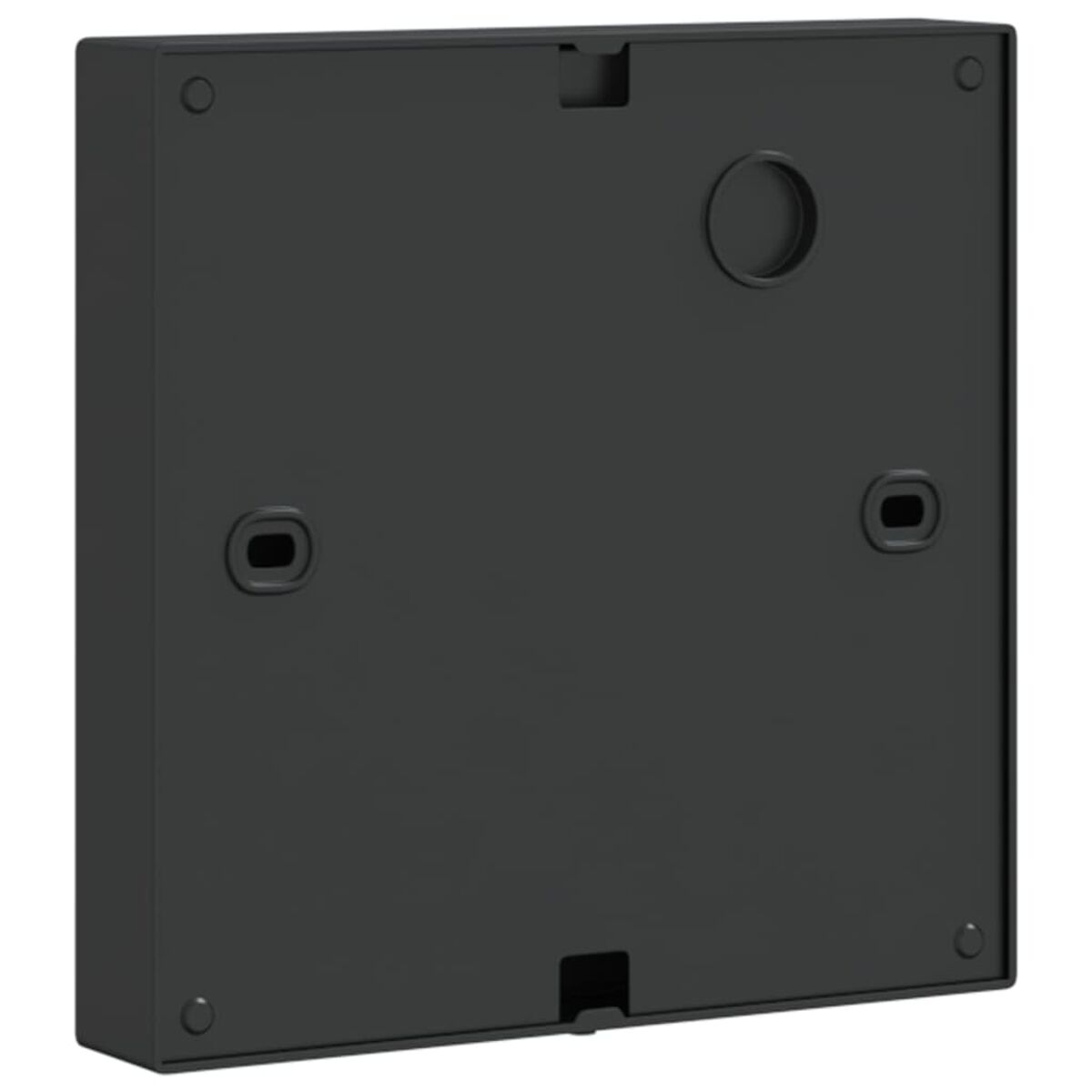Eine schwarze quadratische Elektrobox mit zwei Löchern und einer kreisförmigen Öffnung.