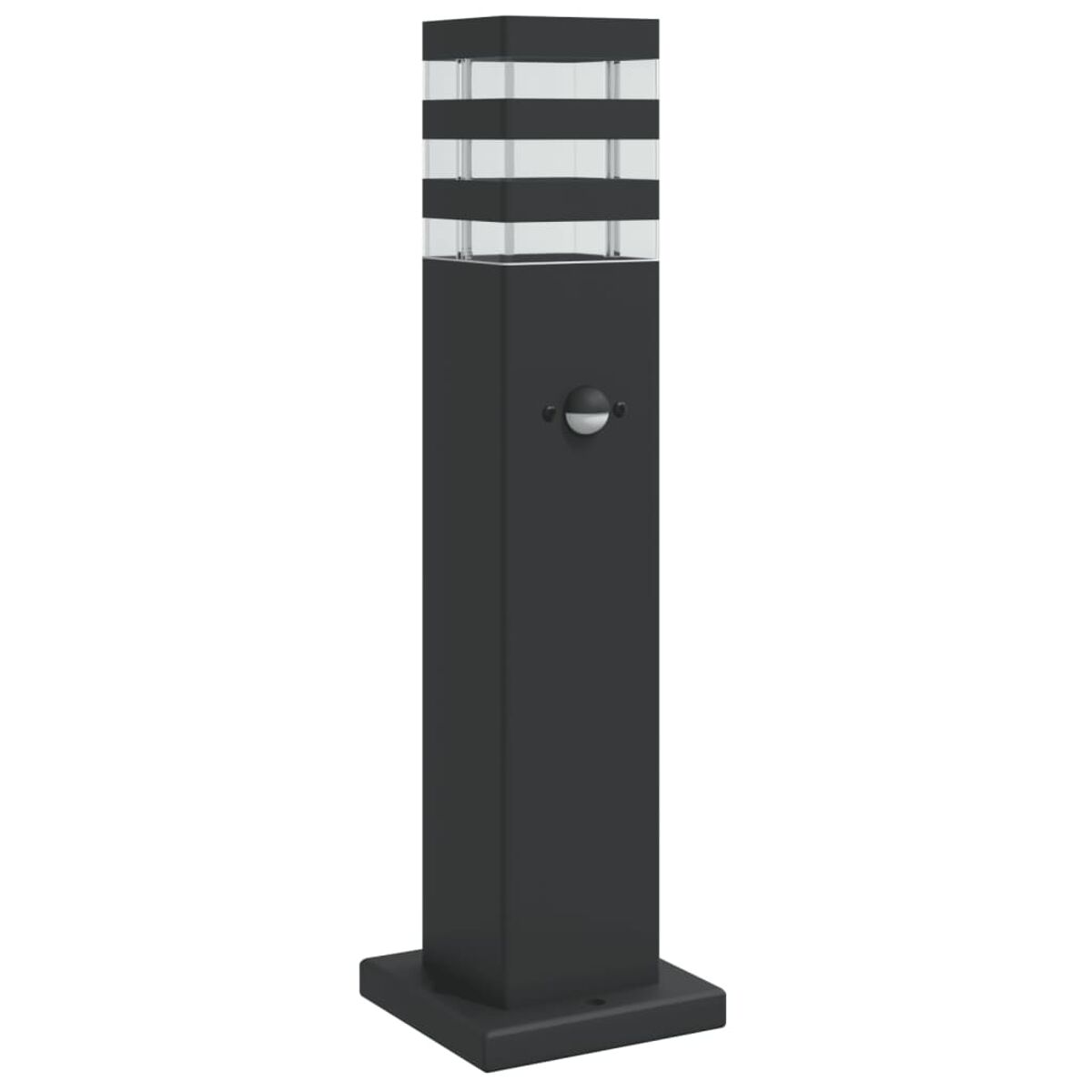 Schwarze Außenlichtsäule mit klaren Glasscheiben und Bewegungsmelder.