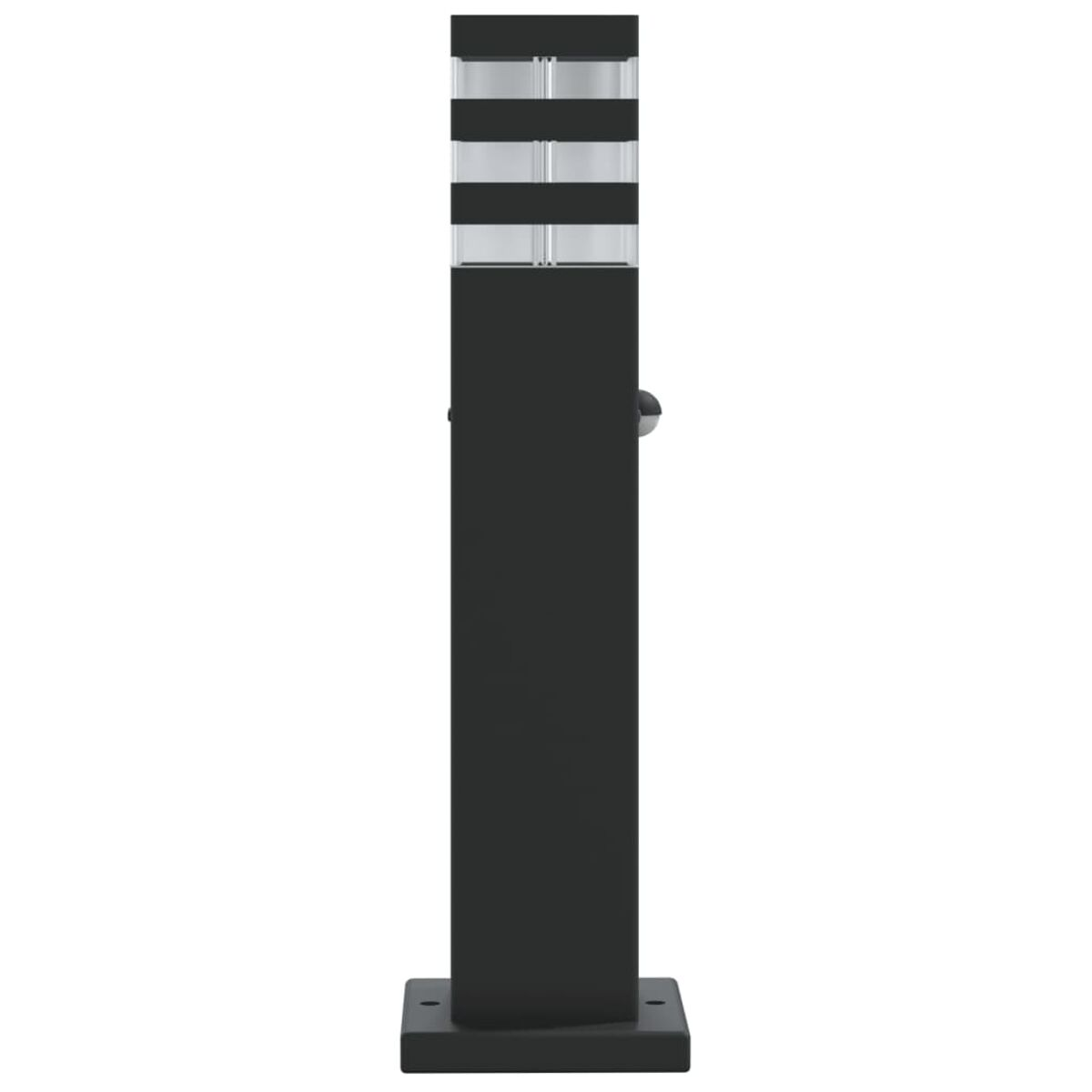 Schwarze Außenlampe mit quadratischem Sockel und mehrschichtigem, transparentem Oberteil.