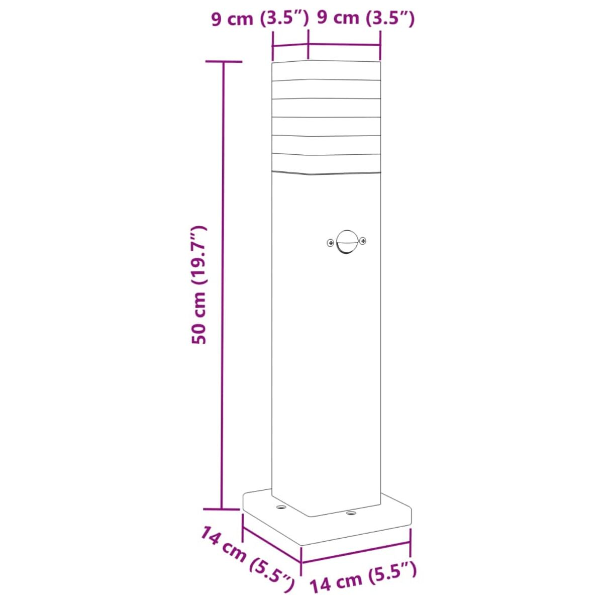 Hohe, weiße Außenlampe mit beschrifteten Abmessungen. Quadratische Basis.
